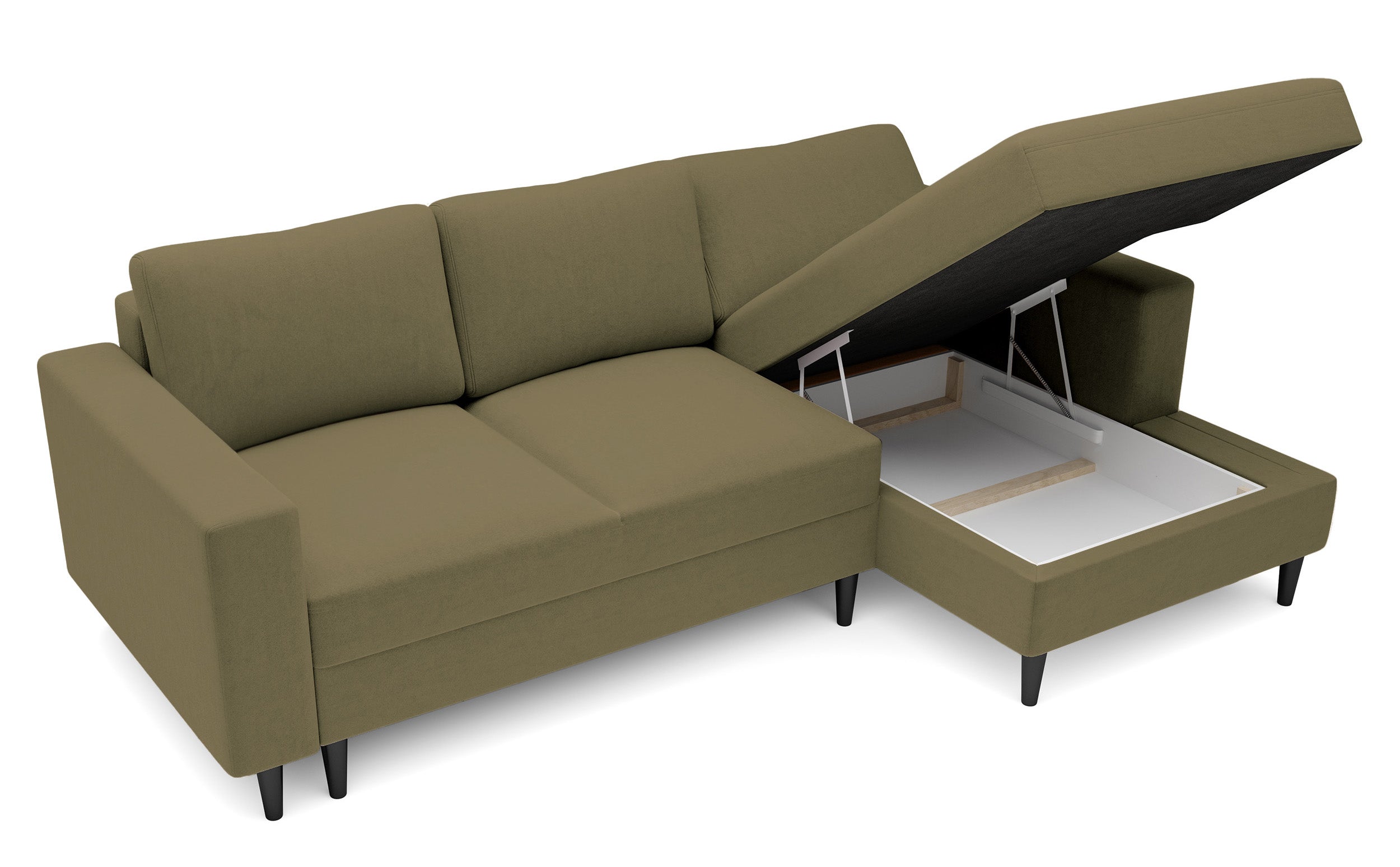 Ecksofa mit Schlafunktion Nalika, L-förmig, mit Stauraum, olivgrüner hydrophober Samt, rechtsseitig