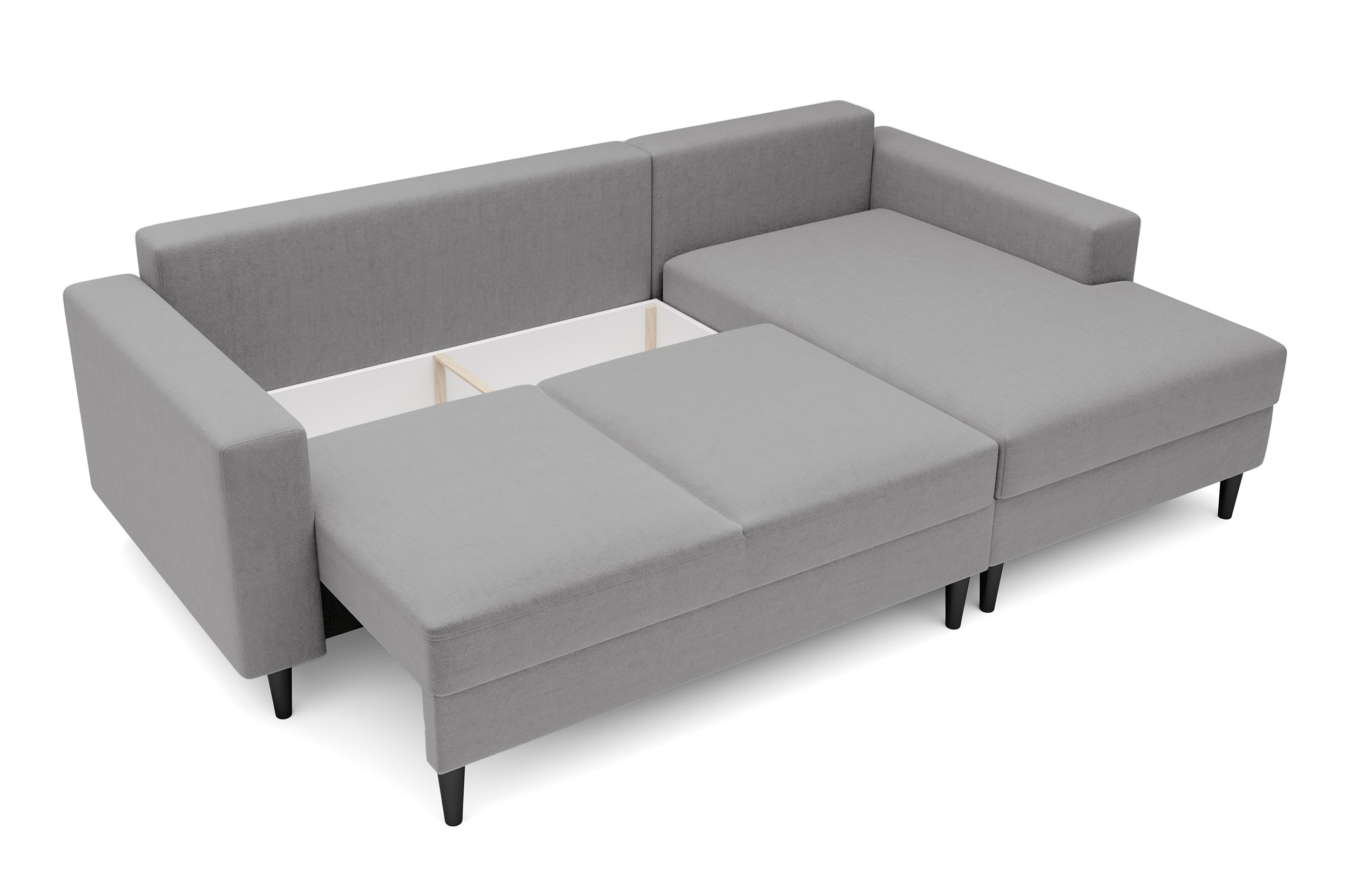 Ecksofa mit Schlaffunktion Nalika, L-förmig, mit Stauraum, grauer hydrophober Samt, rechtsseitig