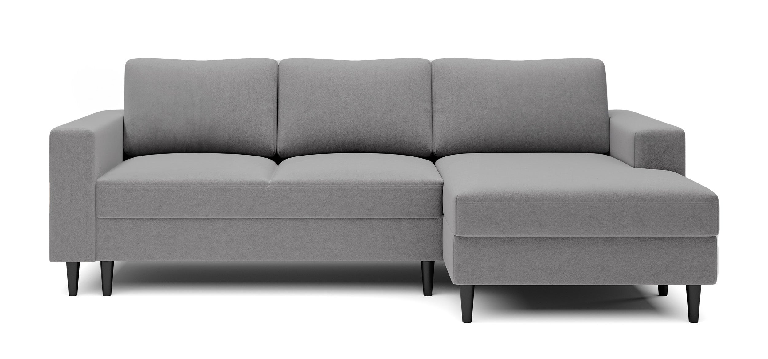 Ecksofa mit Schlaffunktion Nalika, L-förmig, mit Stauraum, grauer hydrophober Samt, rechtsseitig