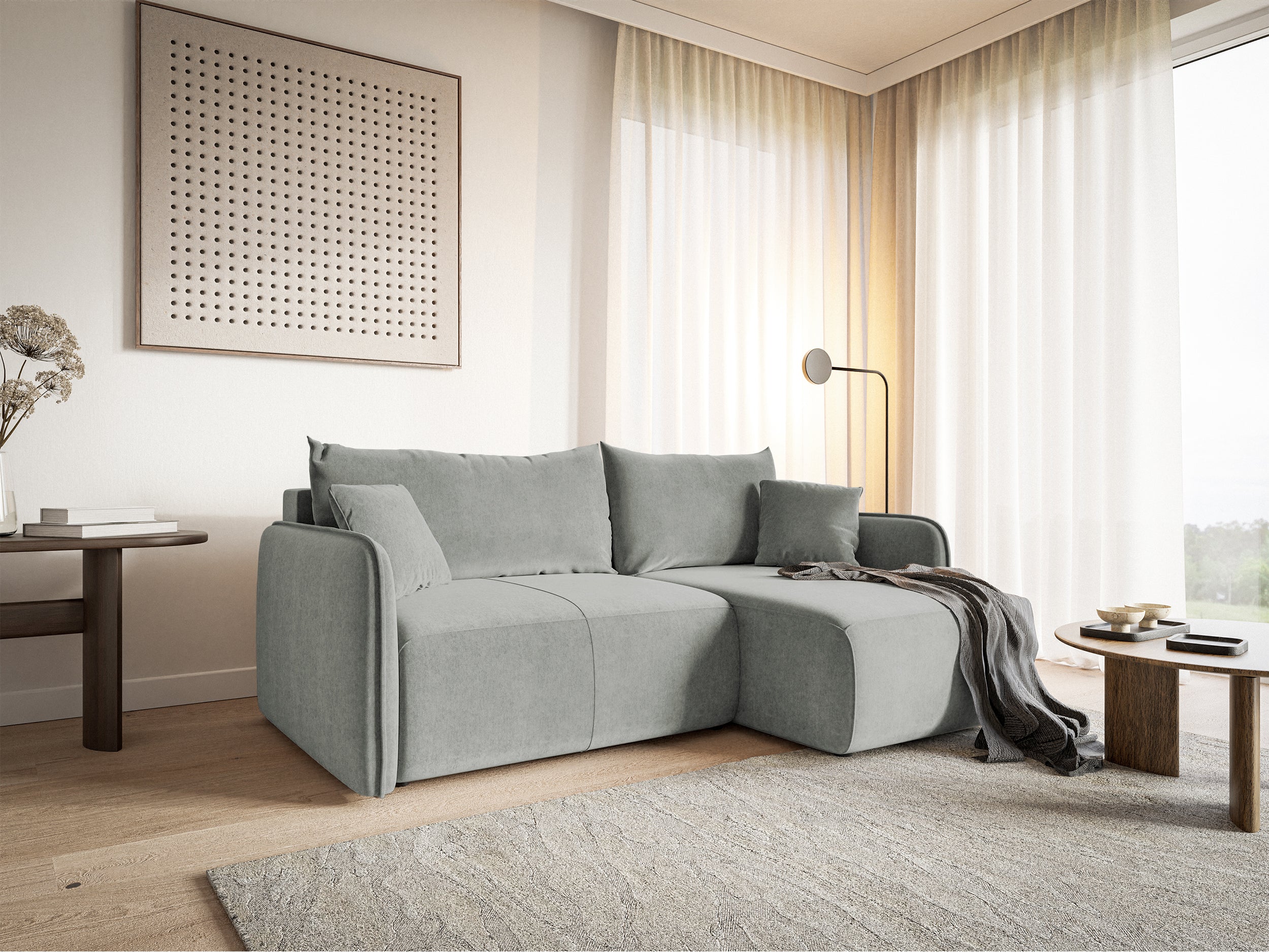 Ecksofa mit Schlaffunktion Mamla, L-förmig, hellgrau, mit Stauraum, hydrophober Samt, universell einsetzbar