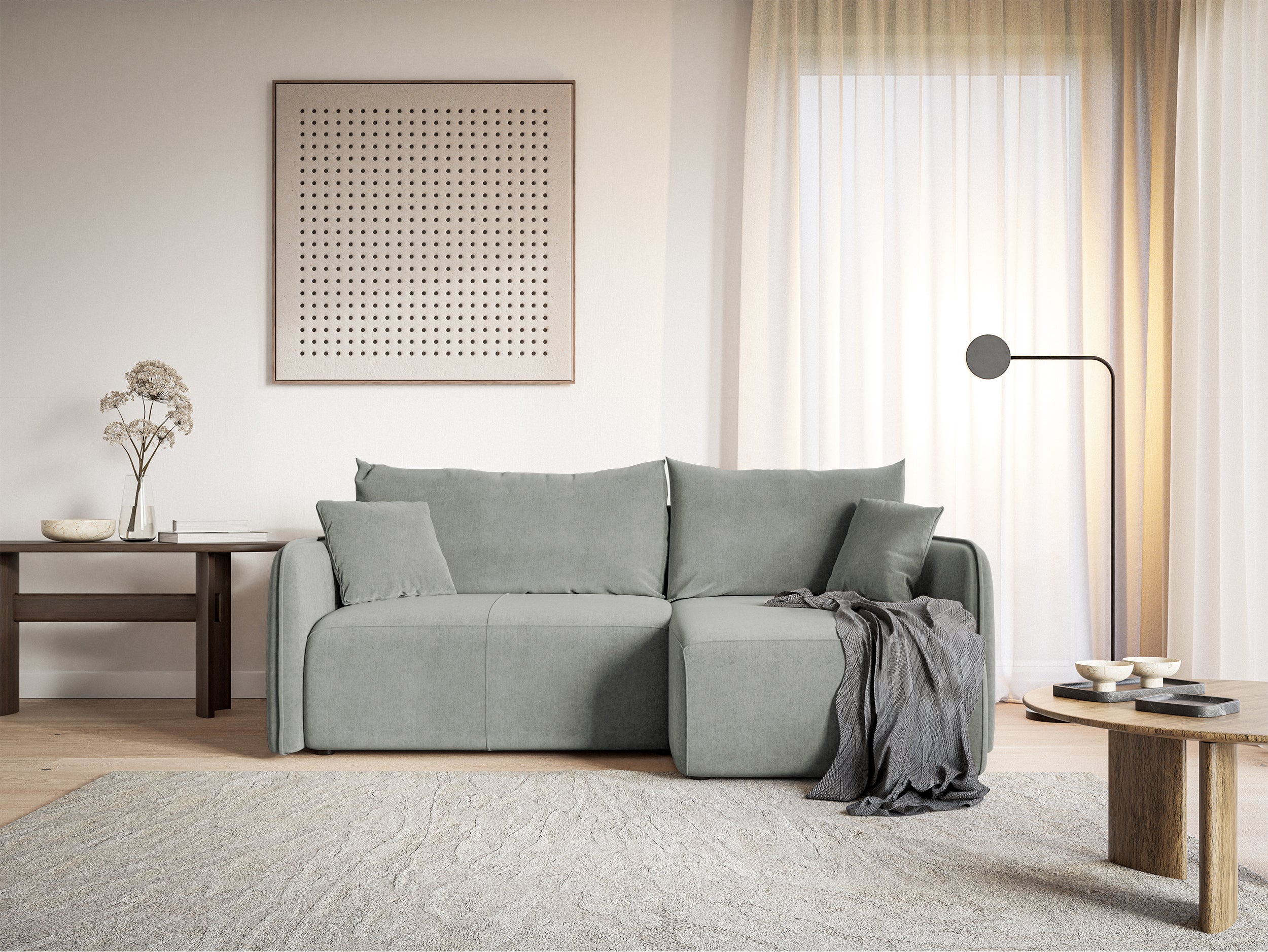 Ecksofa mit Schlaffunktion Mamla, L-förmig, hellgrau, mit Stauraum, hydrophober Samt, universell einsetzbar