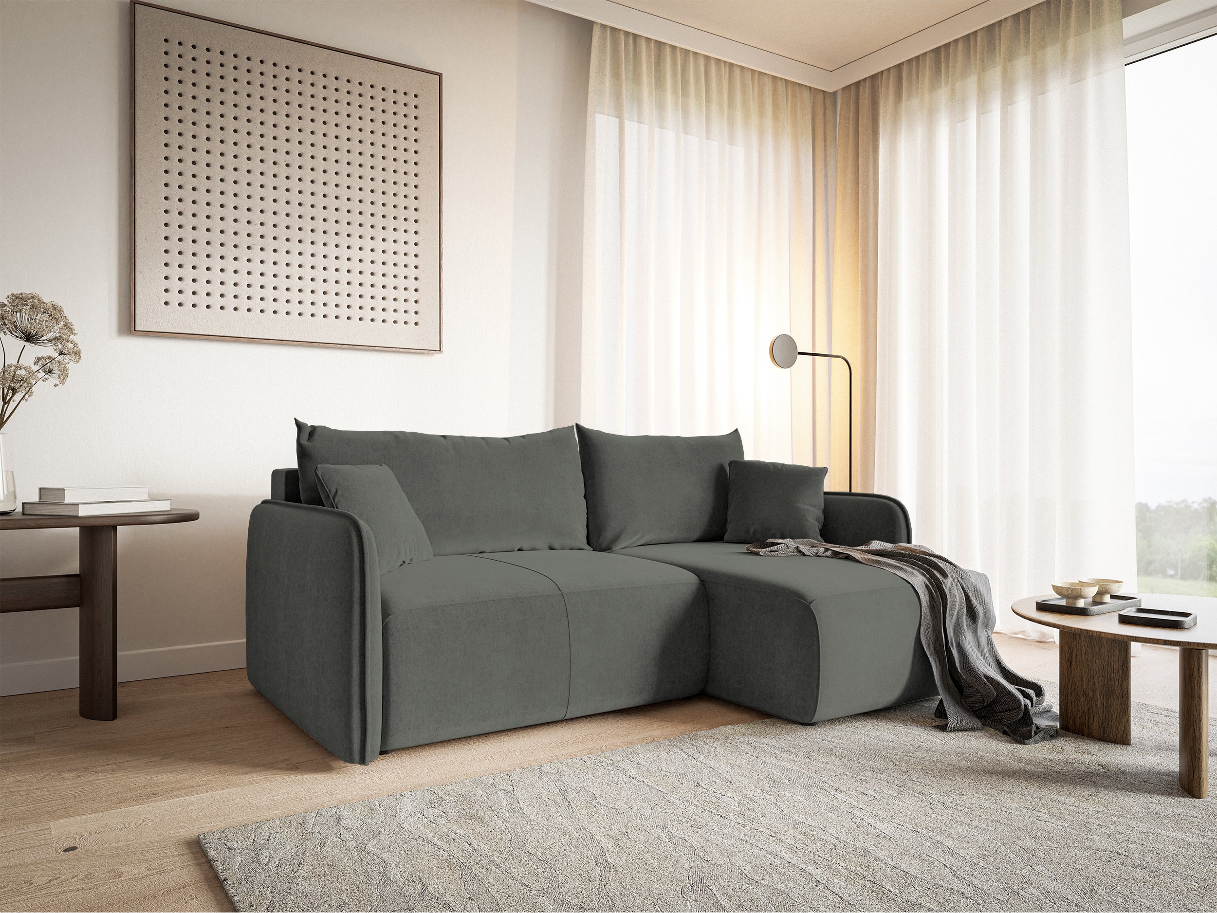Ecksofa mit Schlaffunktion Mamla, L-förmig, grau, mit Stauraum, hydrophobes Samt, universell einsetzbar