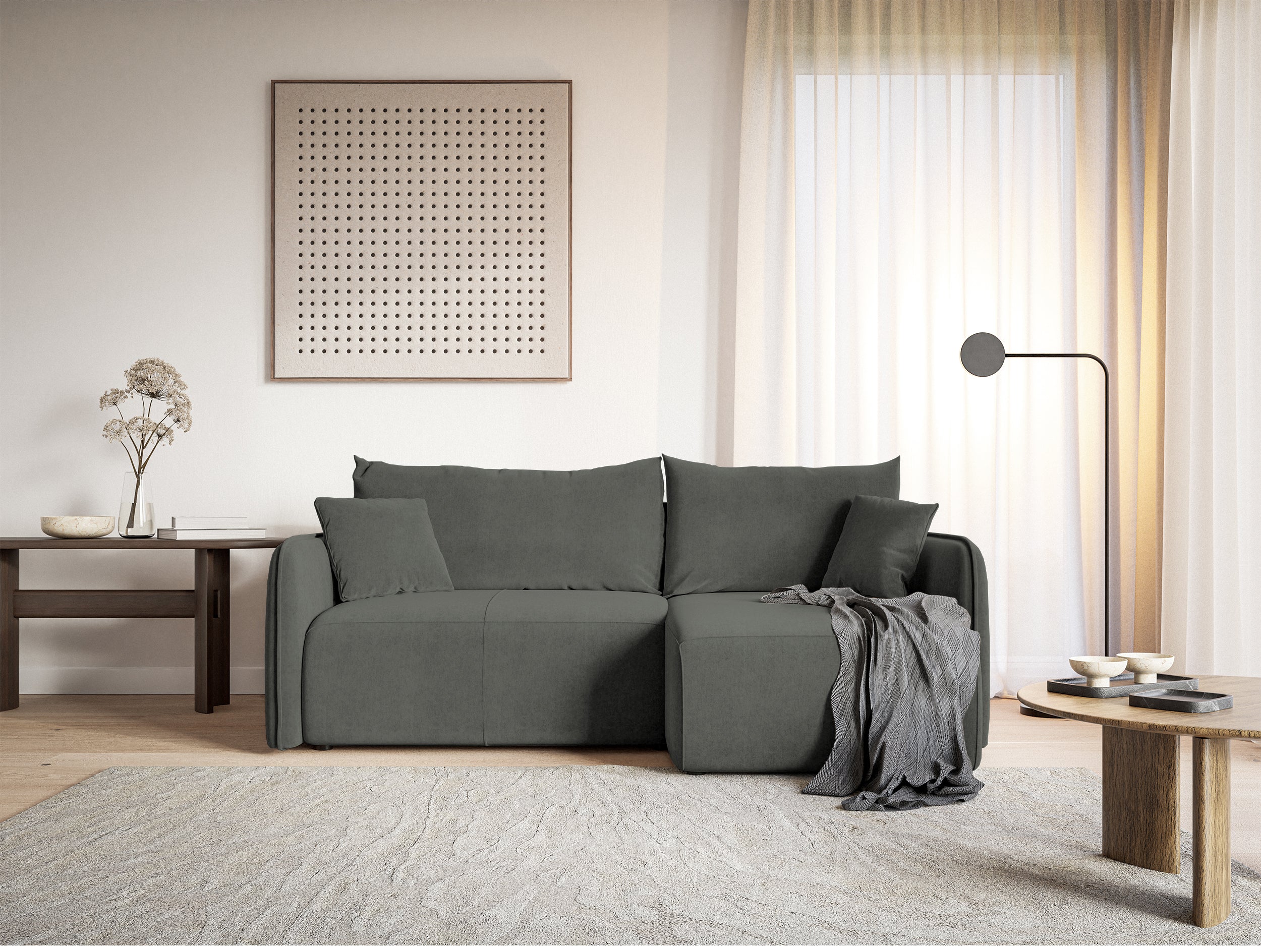 Ecksofa mit Schlaffunktion Mamla, L-förmig, grau, mit Stauraum, hydrophobes Samt, universell einsetzbar