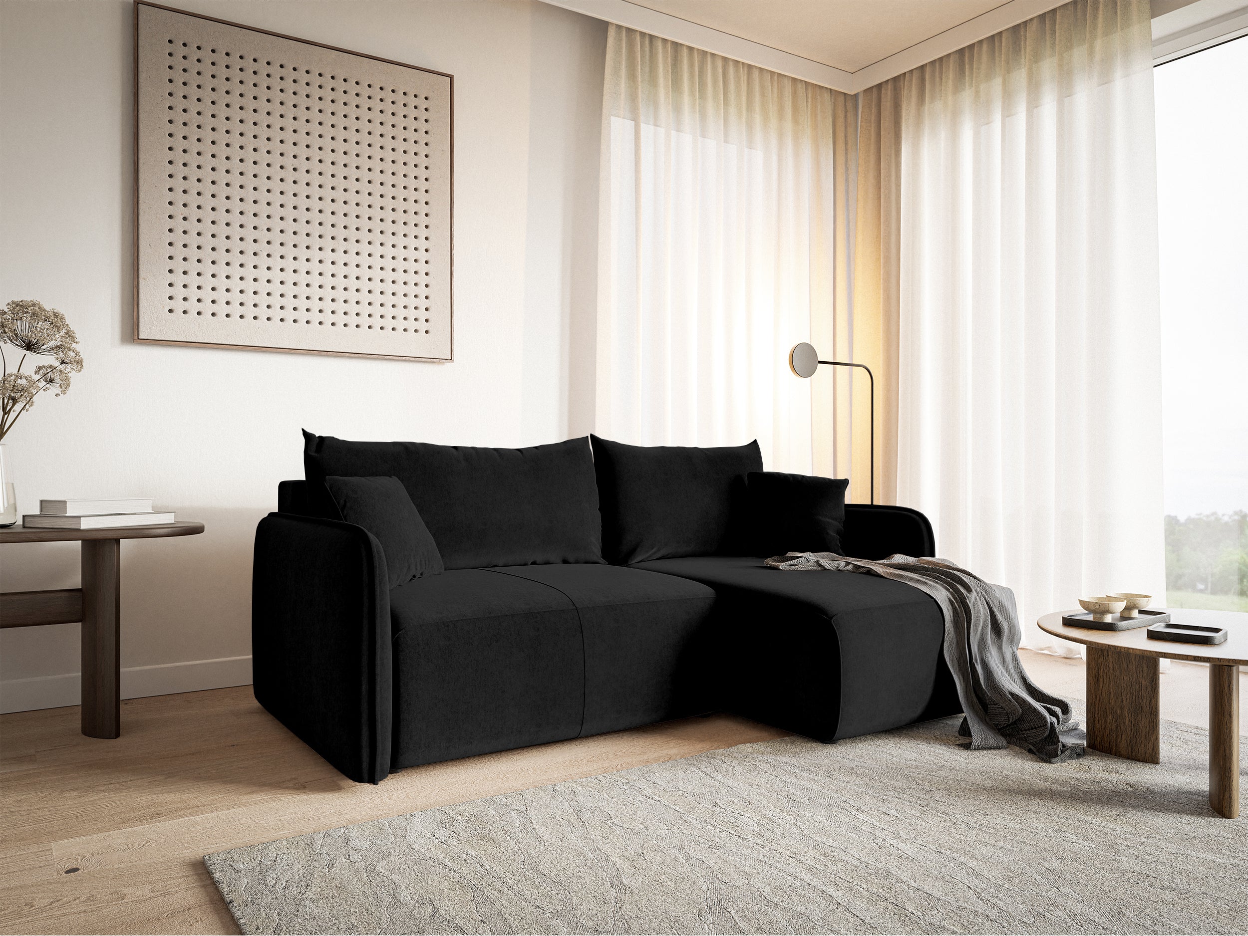 Ecksofa mit Schlafunktion Mamla, L-förmig, schwarz, mit Stauraum, hydrophober Samt, universell einsetzbar