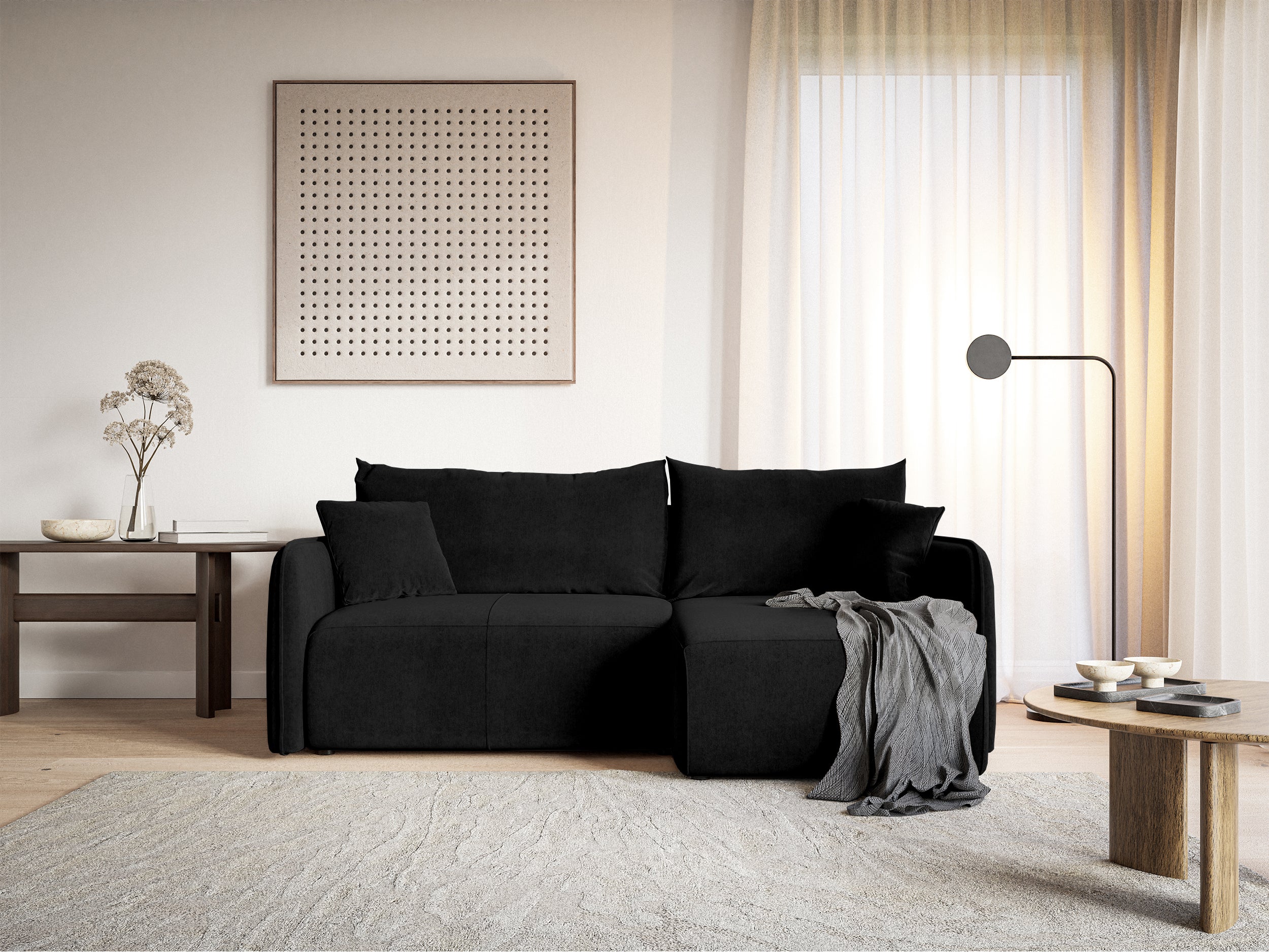 Ecksofa mit Schlafunktion Mamla, L-förmig, schwarz, mit Stauraum, hydrophober Samt, universell einsetzbar