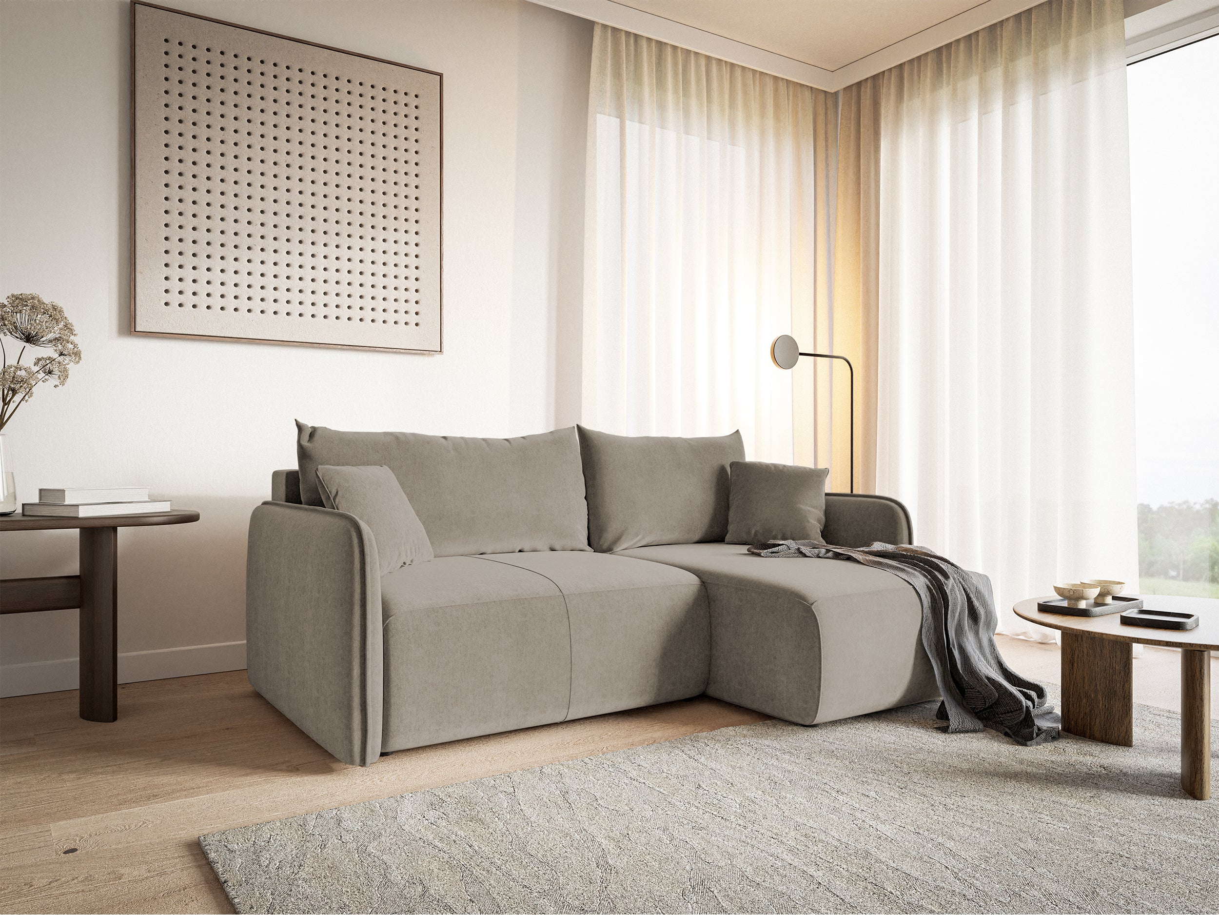 Ecksofa mit Schlafunktion Mamla, L-förmig, grau-beige, mit Stauraum, hydrophobes Samtgewebe, universell einsetzbar