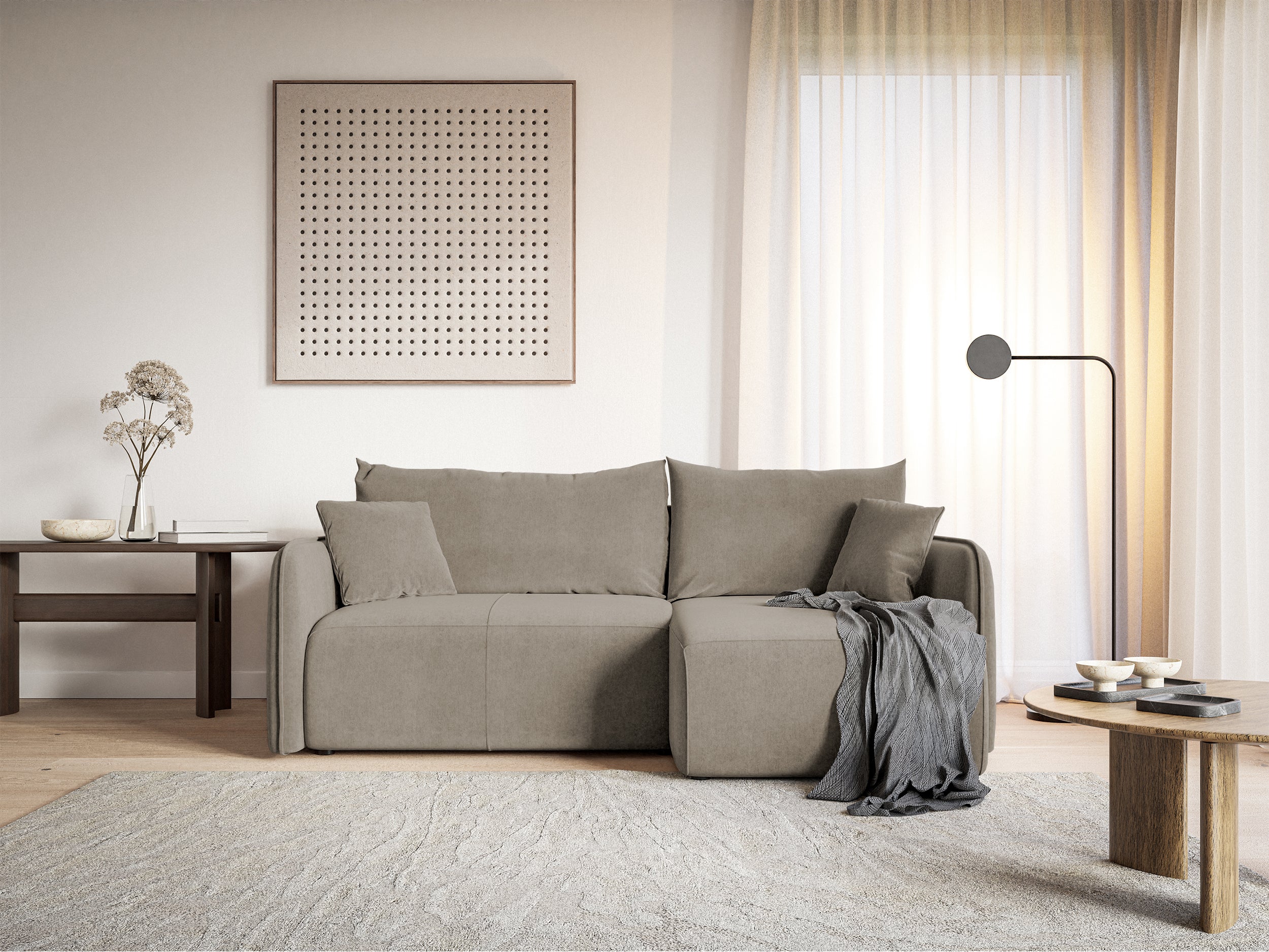 Ecksofa mit Schlafunktion Mamla, L-förmig, grau-beige, mit Stauraum, hydrophobes Samtgewebe, universell einsetzbar