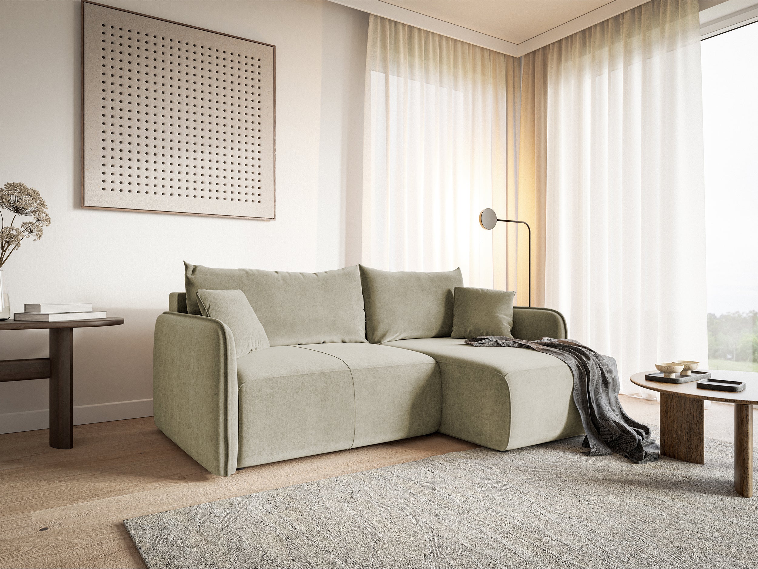 Ecksofa mit Schlaffunktion Mamla, L-förmig, hellbeige, mit Stauraum, wasserabweisender Velours, universell einsetzbar