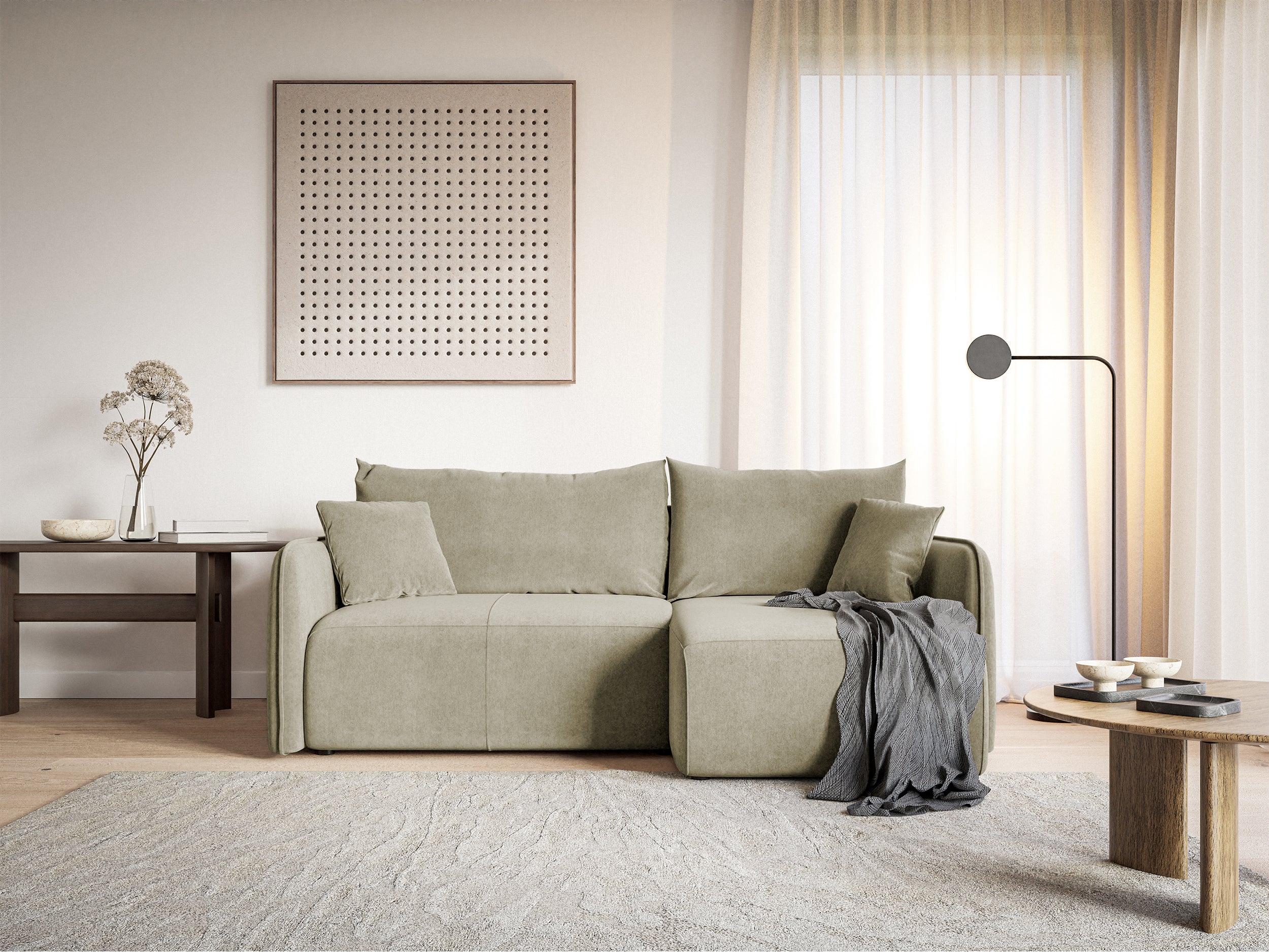 Ecksofa mit Schlaffunktion Mamla, L-förmig, hellbeige, mit Stauraum, wasserabweisender Velours, universell einsetzbar