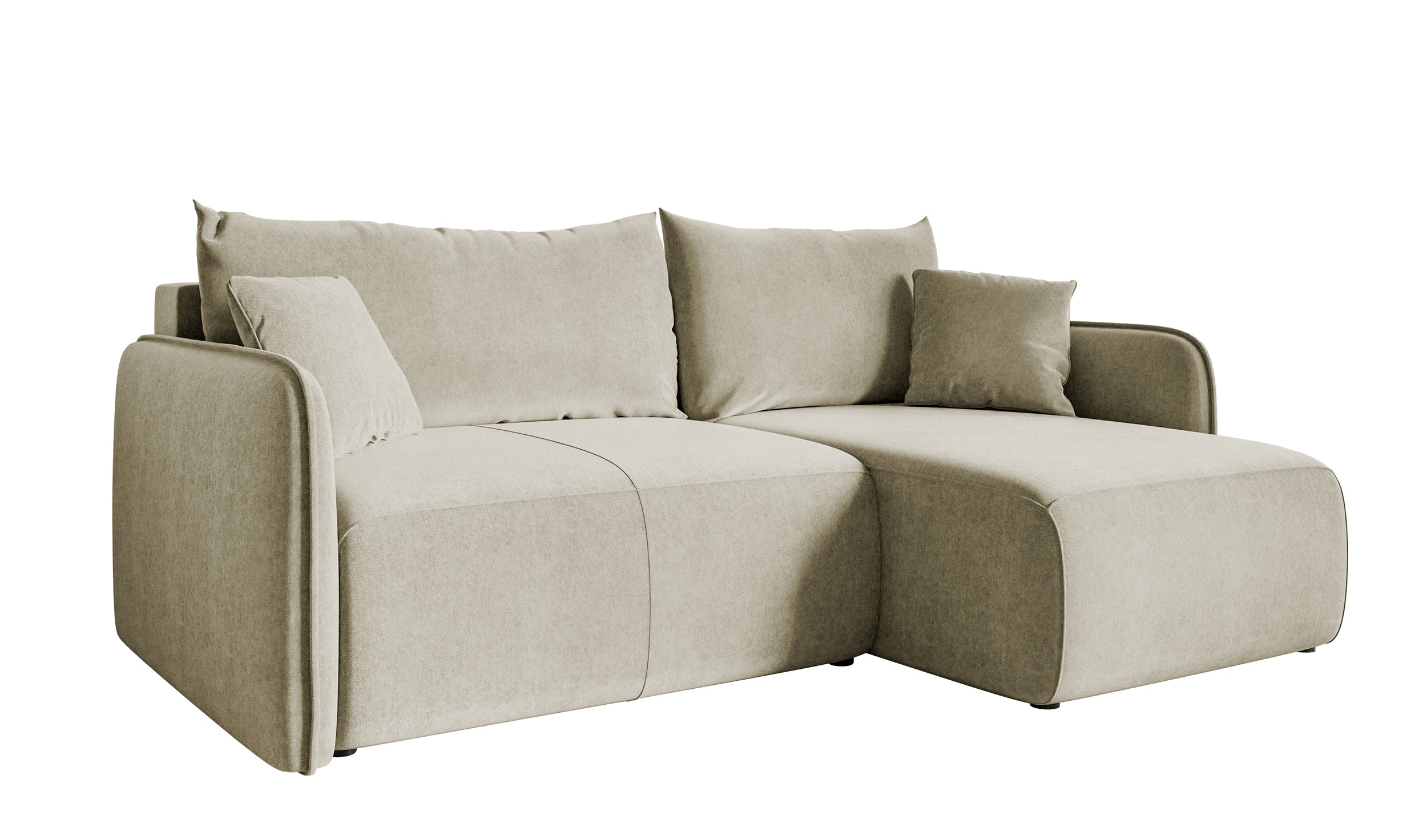Ecksofa mit Schlaffunktion Mamla, L-förmig, hellbeige, mit Stauraum, wasserabweisender Velours, universell einsetzbar