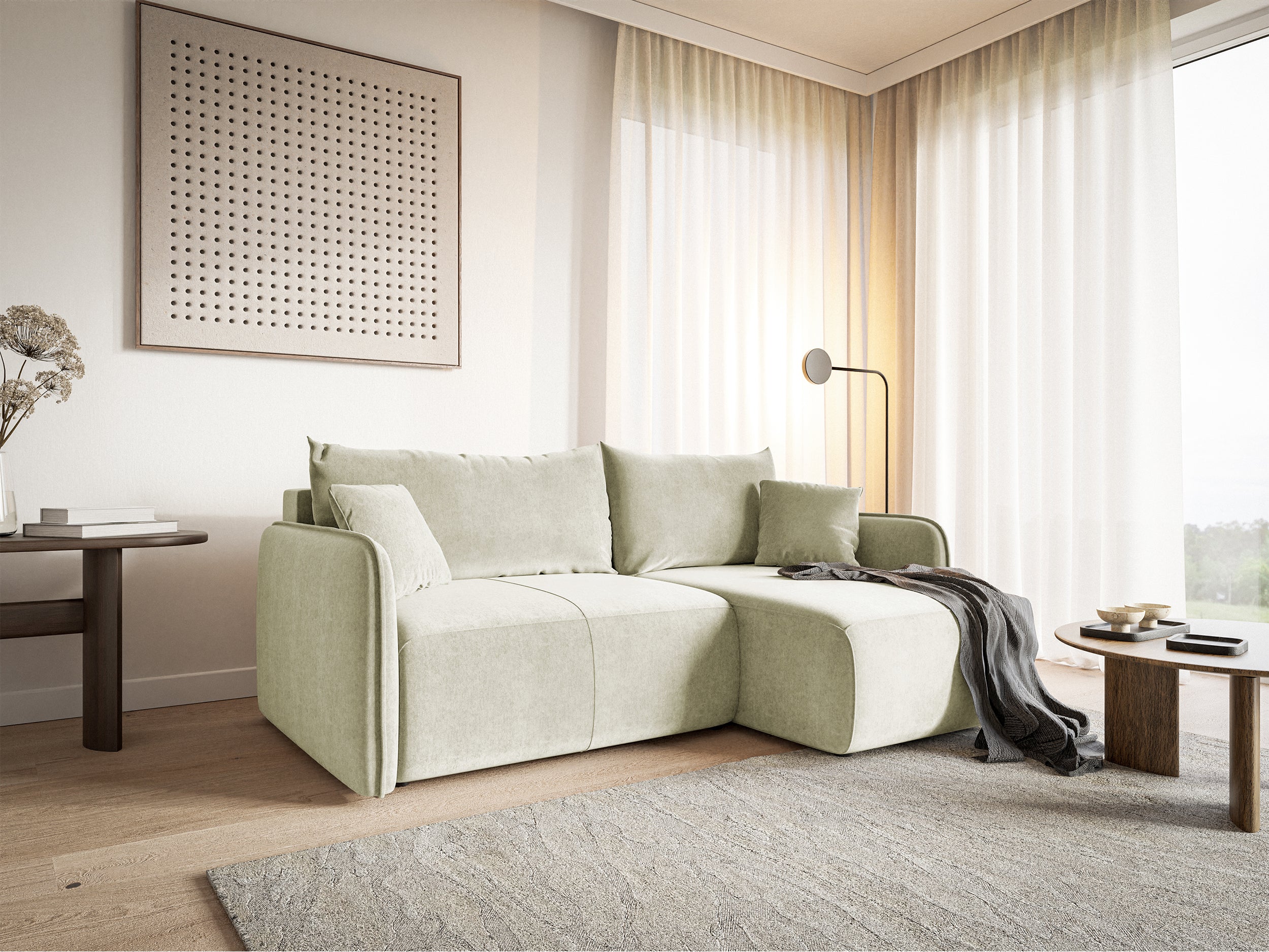 Ecksofa mit Schlaffunktion Mamla, L-förmig, cremefarben, mit Stauraum, hydrophobes Samt, universell einsetzbar