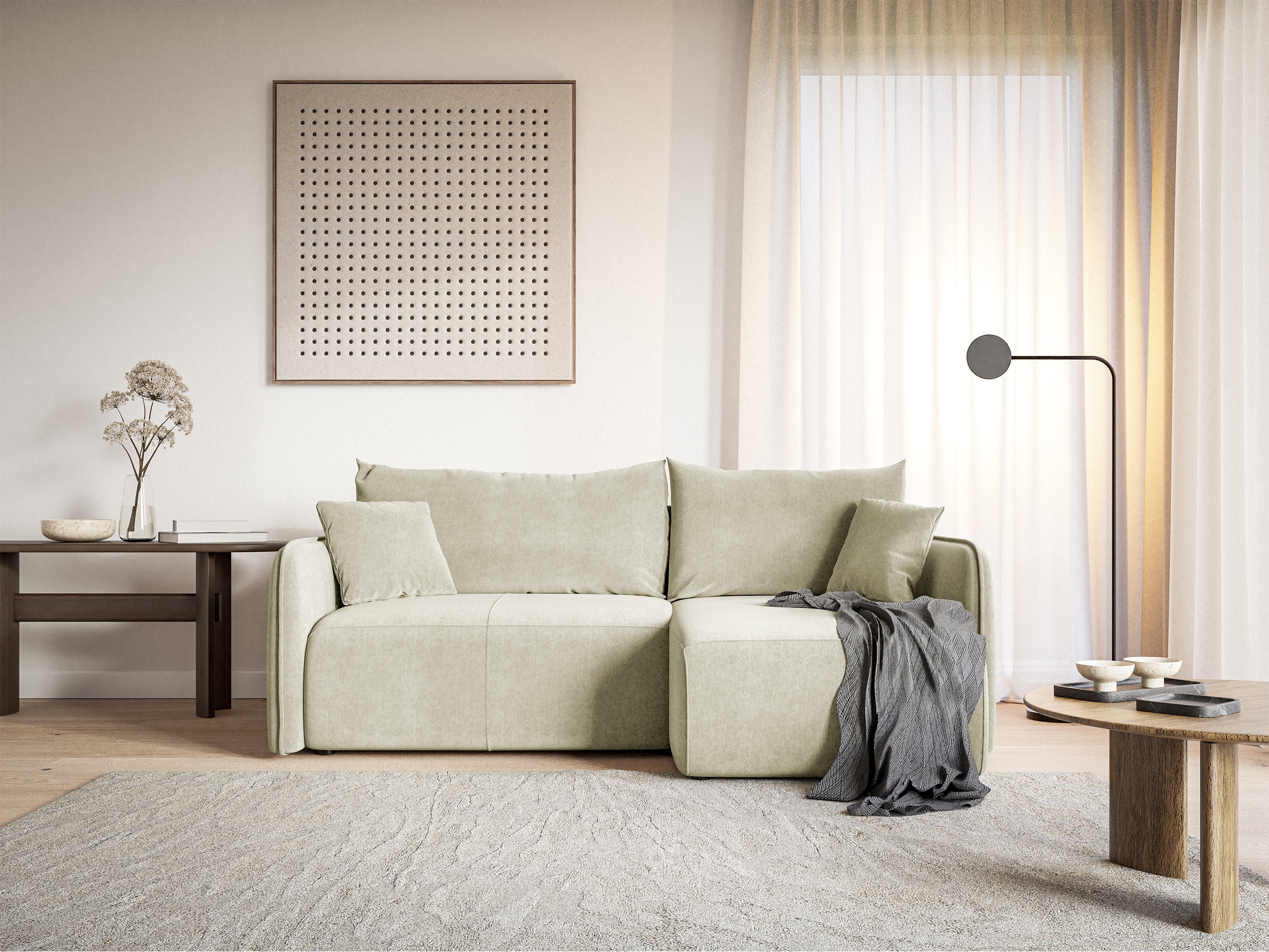 Ecksofa mit Schlaffunktion Mamla, L-förmig, cremefarben, mit Stauraum, hydrophobes Samt, universell einsetzbar