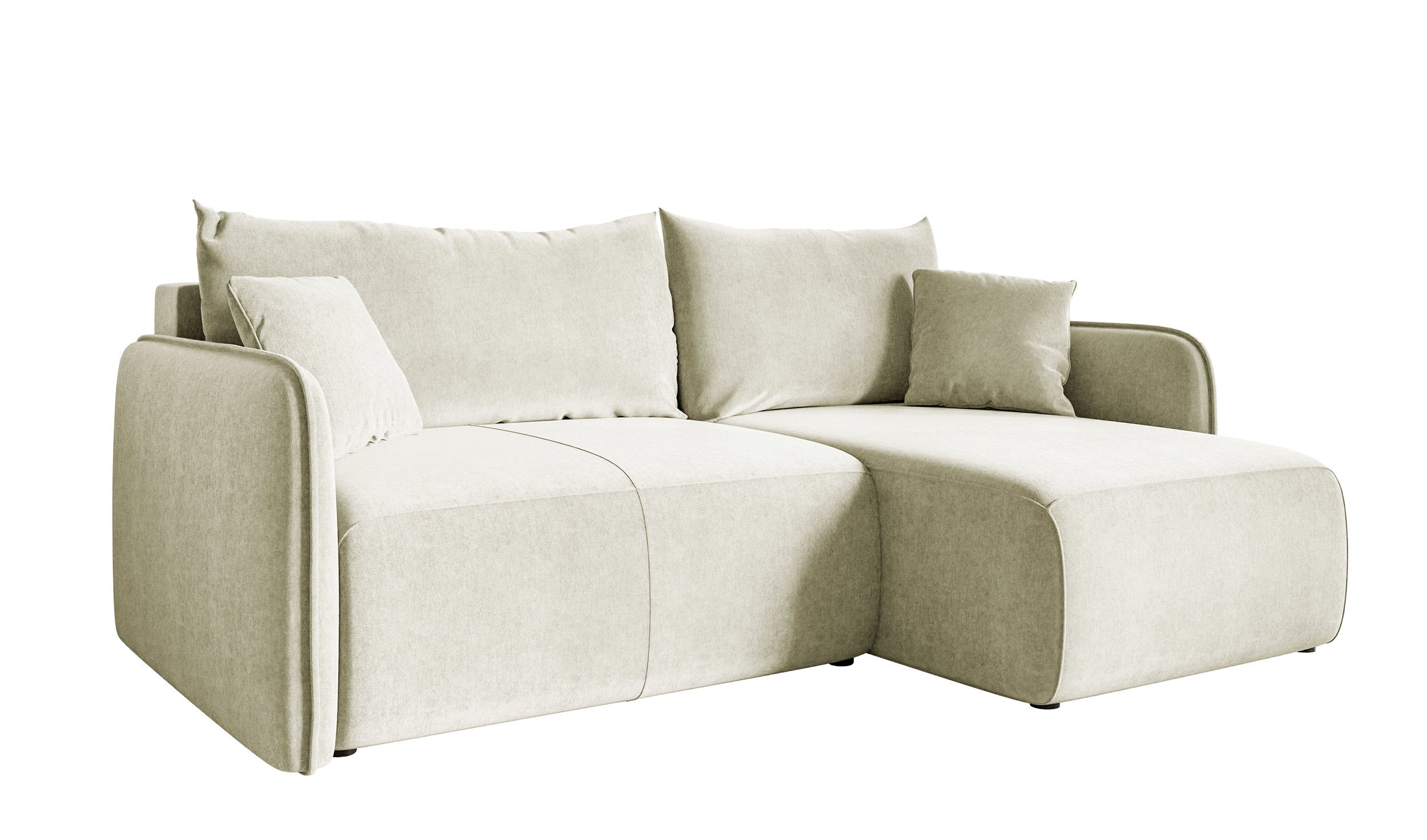 Ecksofa mit Schlaffunktion Mamla, L-förmig, cremefarben, mit Stauraum, hydrophobes Samt, universell einsetzbar