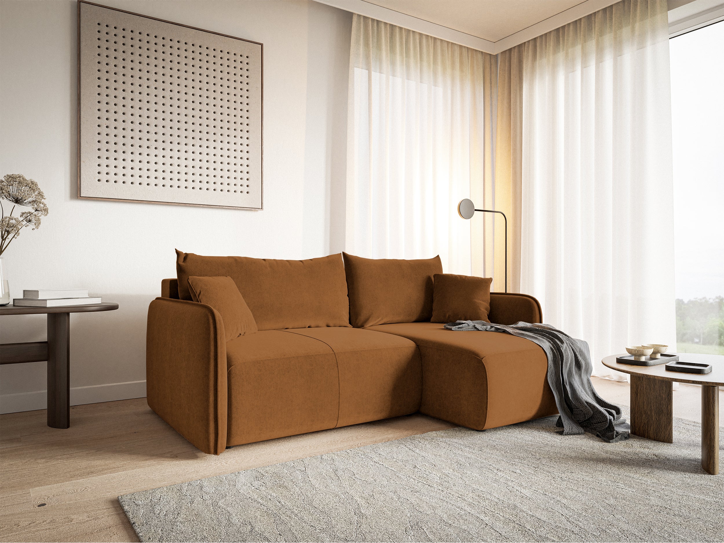 Ecksofa mit Schlaffunktion Mamla, L-förmig, kupferfarben, mit Stauraum, wasserabweisender Samt, universell einsetzbar