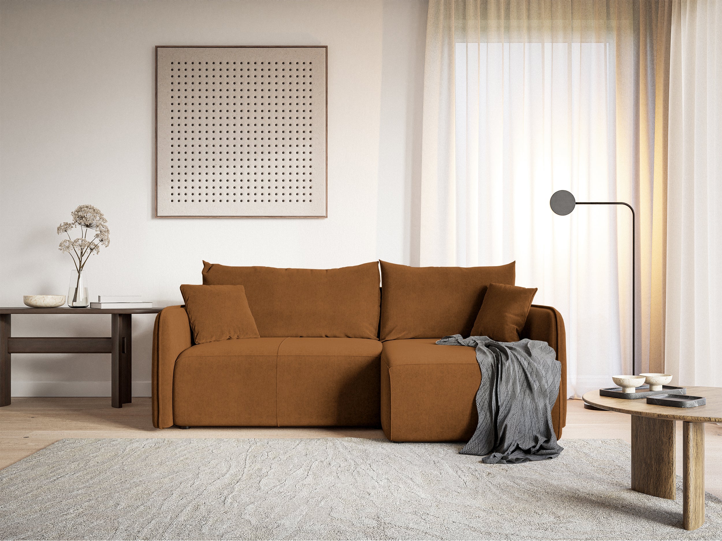Ecksofa mit Schlaffunktion Mamla, L-förmig, kupferfarben, mit Stauraum, wasserabweisender Samt, universell einsetzbar
