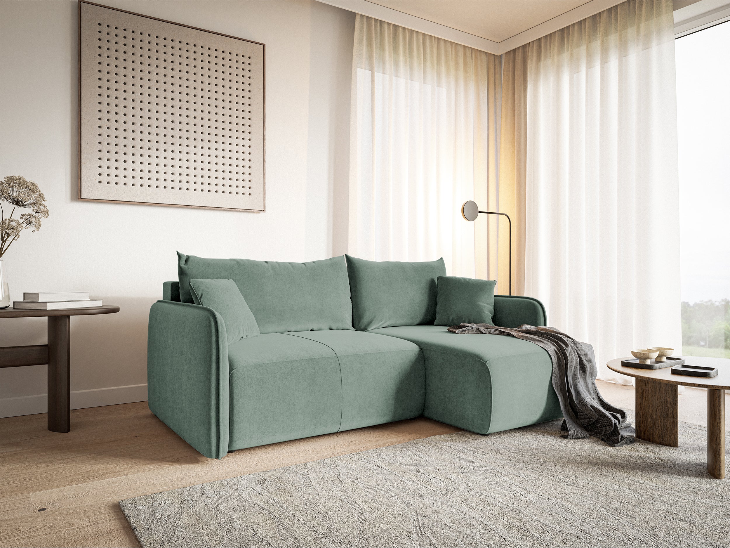 Ecksofa mit Schlaffunktion Mamla, L-förmig, salbeigrün, mit Stauraum, hydrophobes Samt, universell einsetzbar
