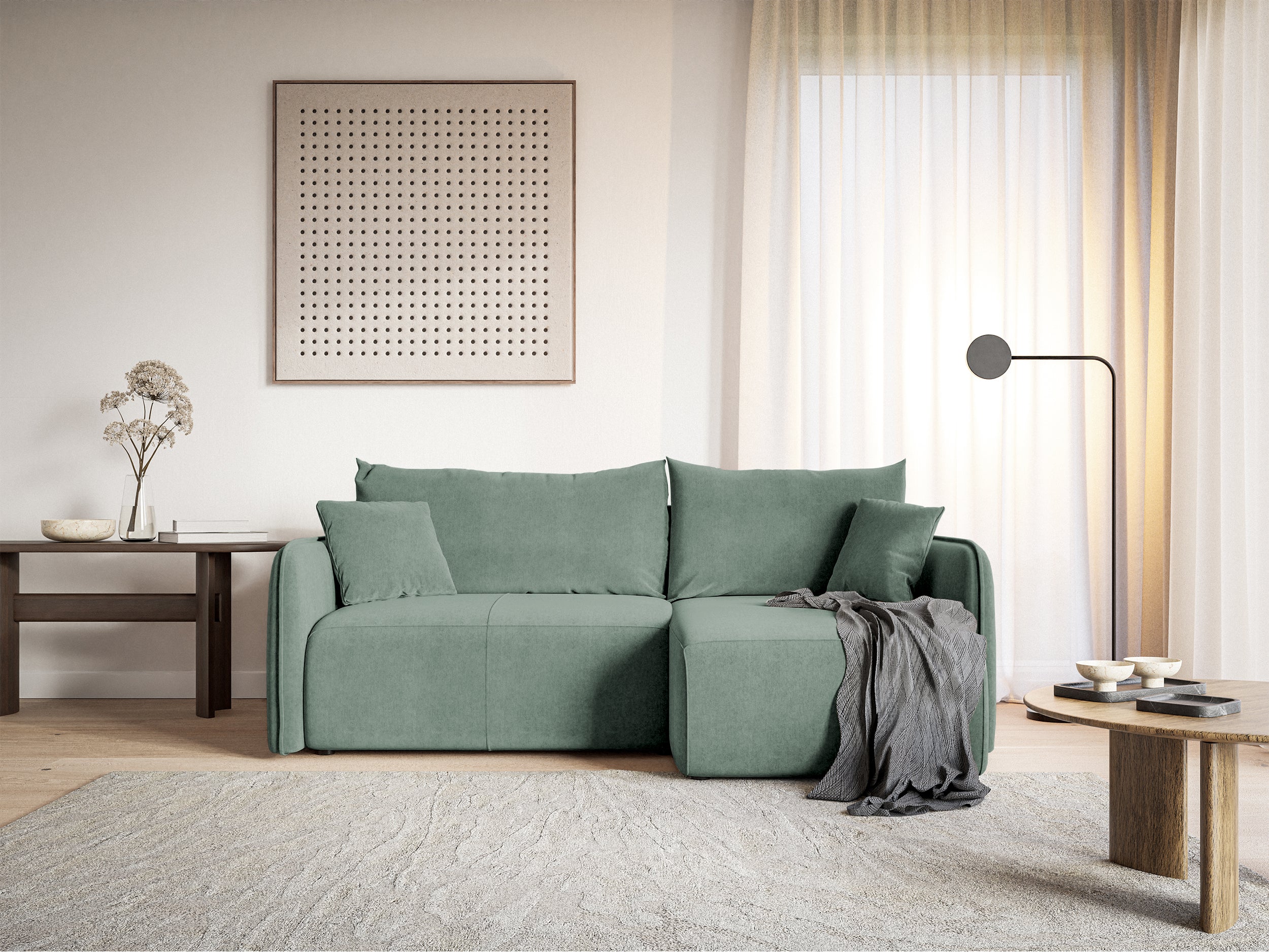 Ecksofa mit Schlaffunktion Mamla, L-förmig, salbeigrün, mit Stauraum, hydrophobes Samt, universell einsetzbar