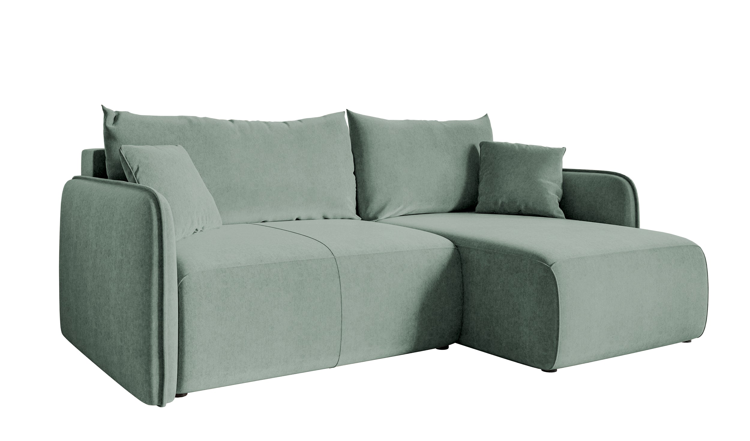 Ecksofa mit Schlaffunktion Mamla, L-förmig, salbeigrün, mit Stauraum, hydrophobes Samt, universell einsetzbar