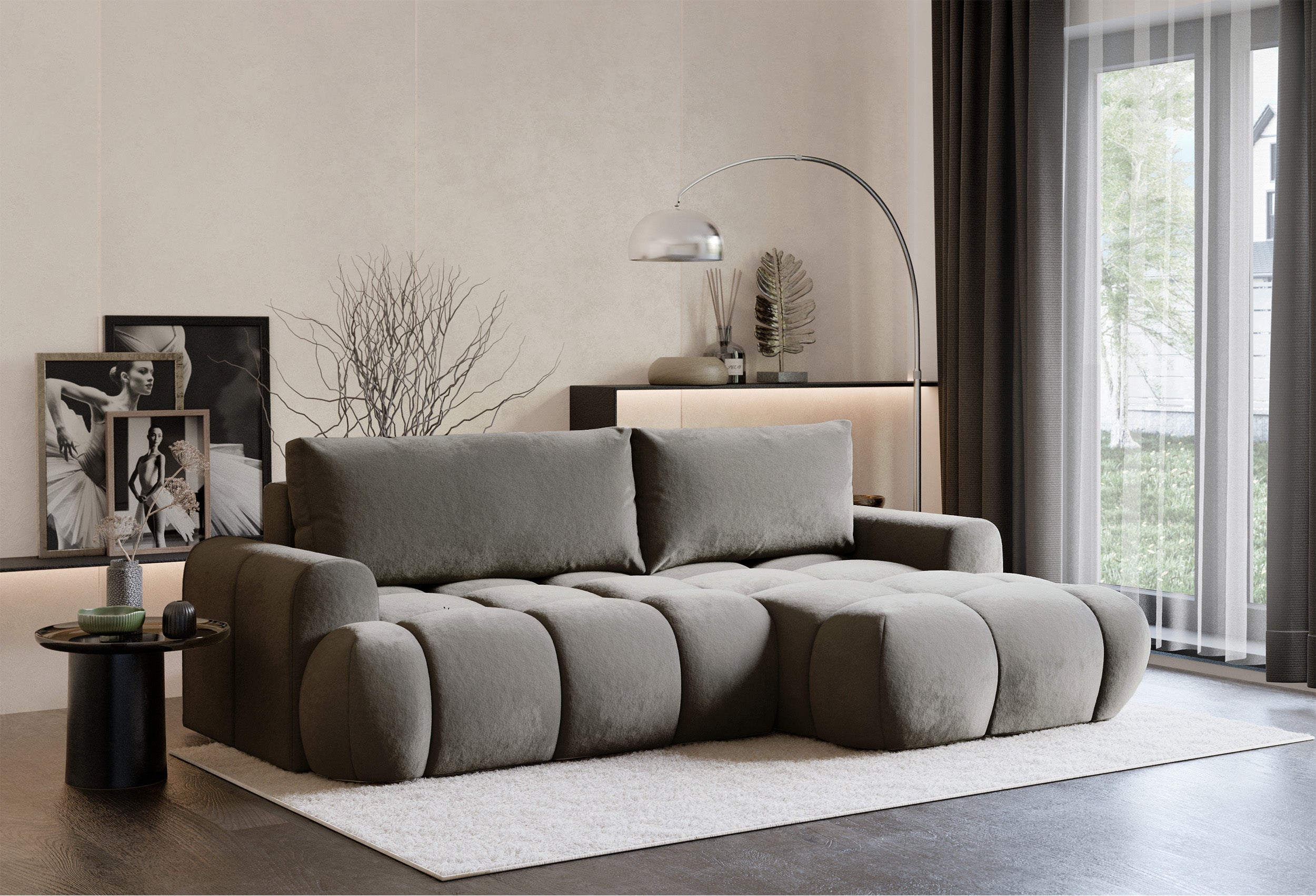 Ecksofa mit Schlaffunktion Ombo Mini, L-förmig, rechtsseitig, mit Stauraum, graubraunes Velours, wasserabweisend