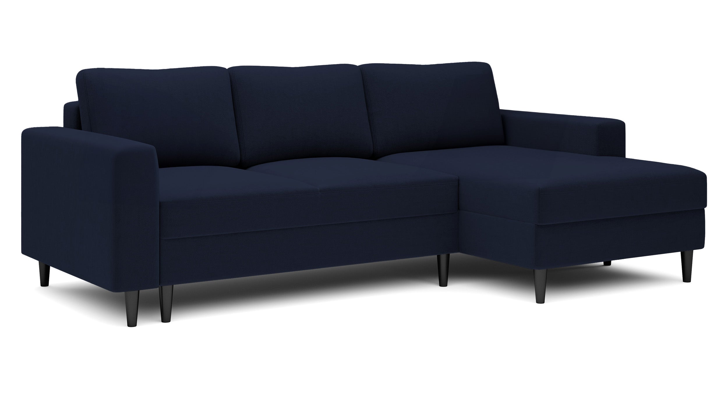 Ecksofa mit Schlaffunktion Nalika, L-förmig, mit Stauraum, marineblauer hydrophober Samt, rechtsseitig