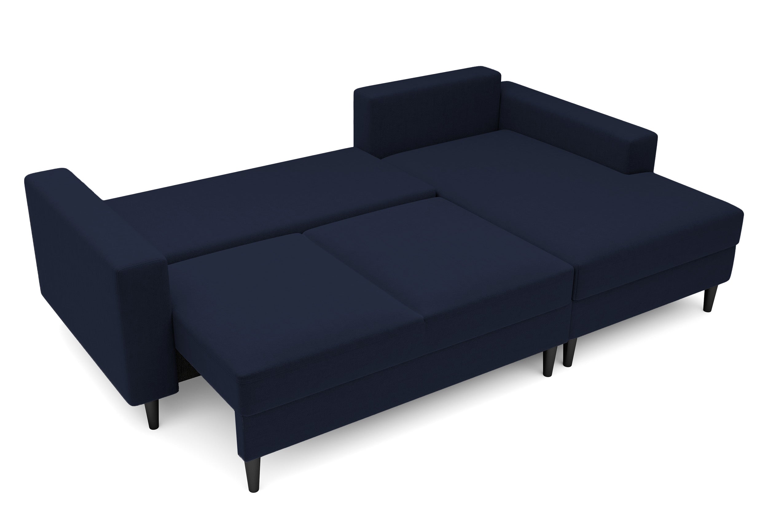 Ecksofa mit Schlaffunktion Nalika, L-förmig, mit Stauraum, marineblauer hydrophober Samt, rechtsseitig