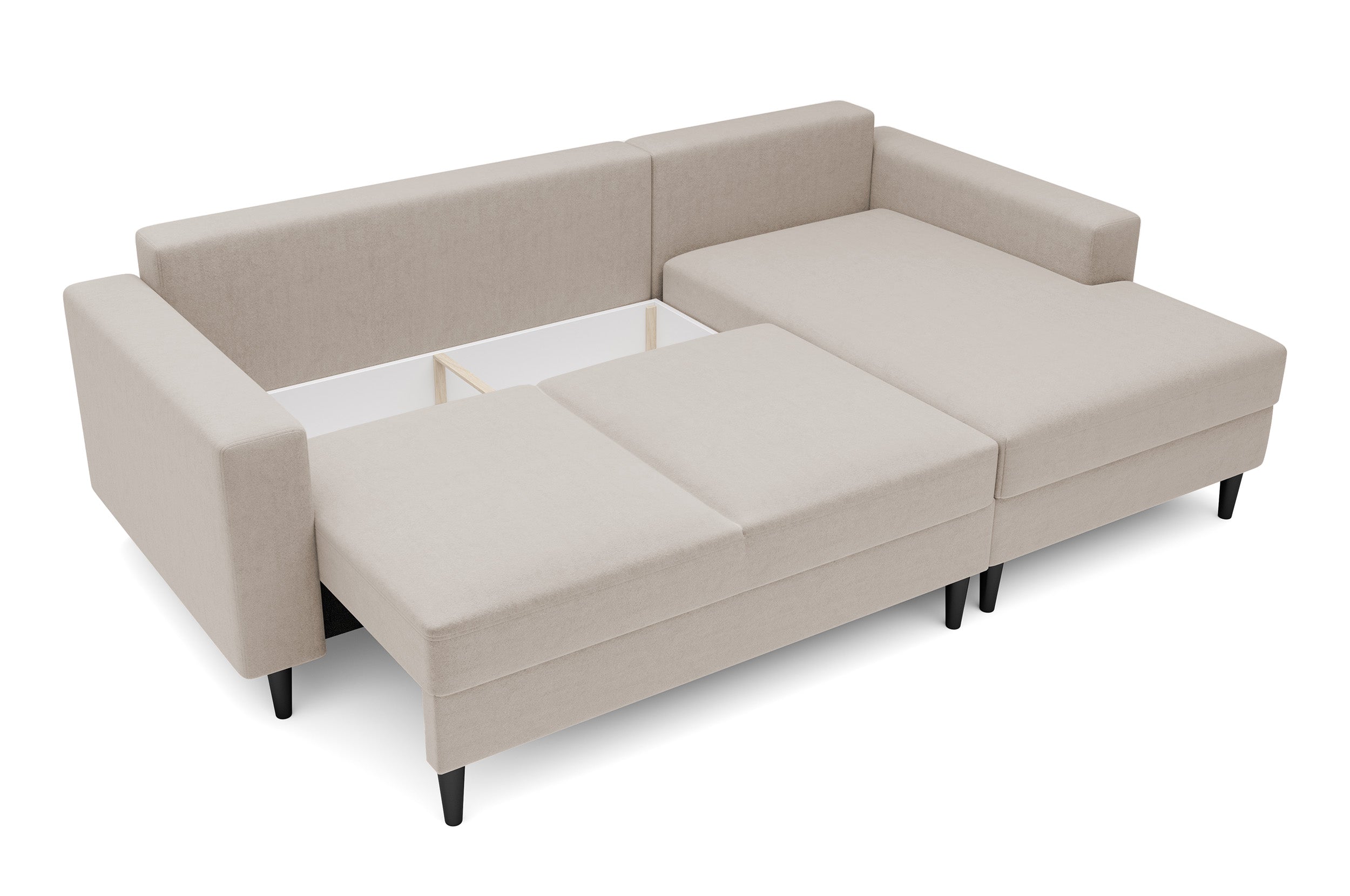 Ecksofa mit Schlaffunktion Nalika, L-förmig, mit Stauraum, beige Velours, wasserabweisend, rechtsseitig