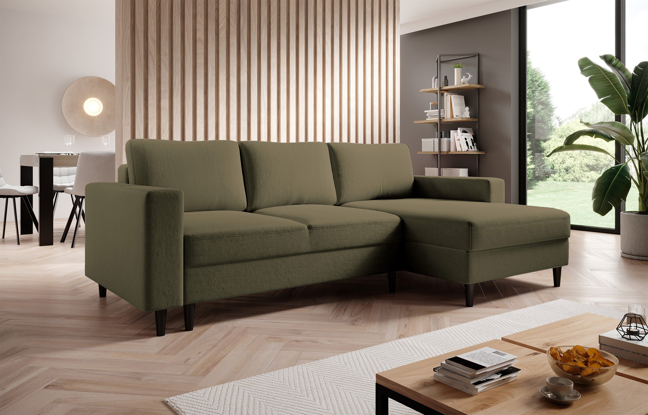 Ecksofa mit Schlafunktion Nalika, L-förmig, mit Stauraum, olivgrüner hydrophober Samt, rechtsseitig