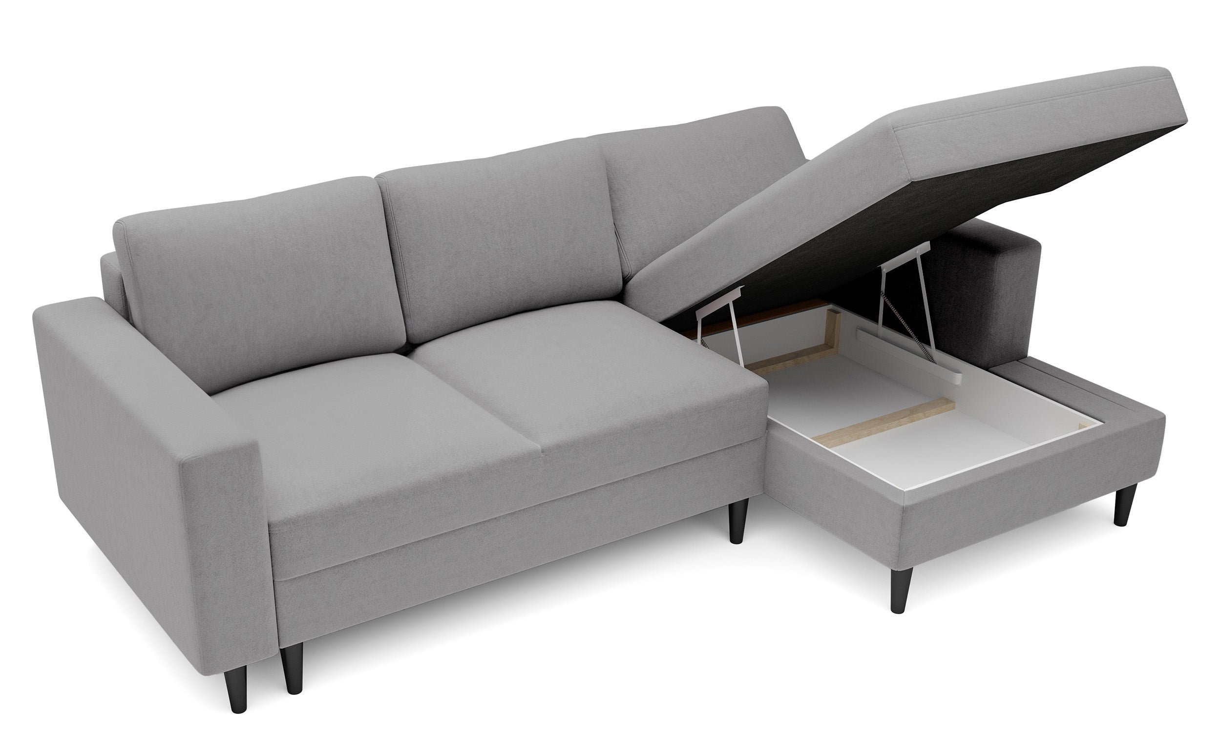 Ecksofa mit Schlaffunktion Nalika, L-förmig, mit Stauraum, grauer hydrophober Samt, rechtsseitig