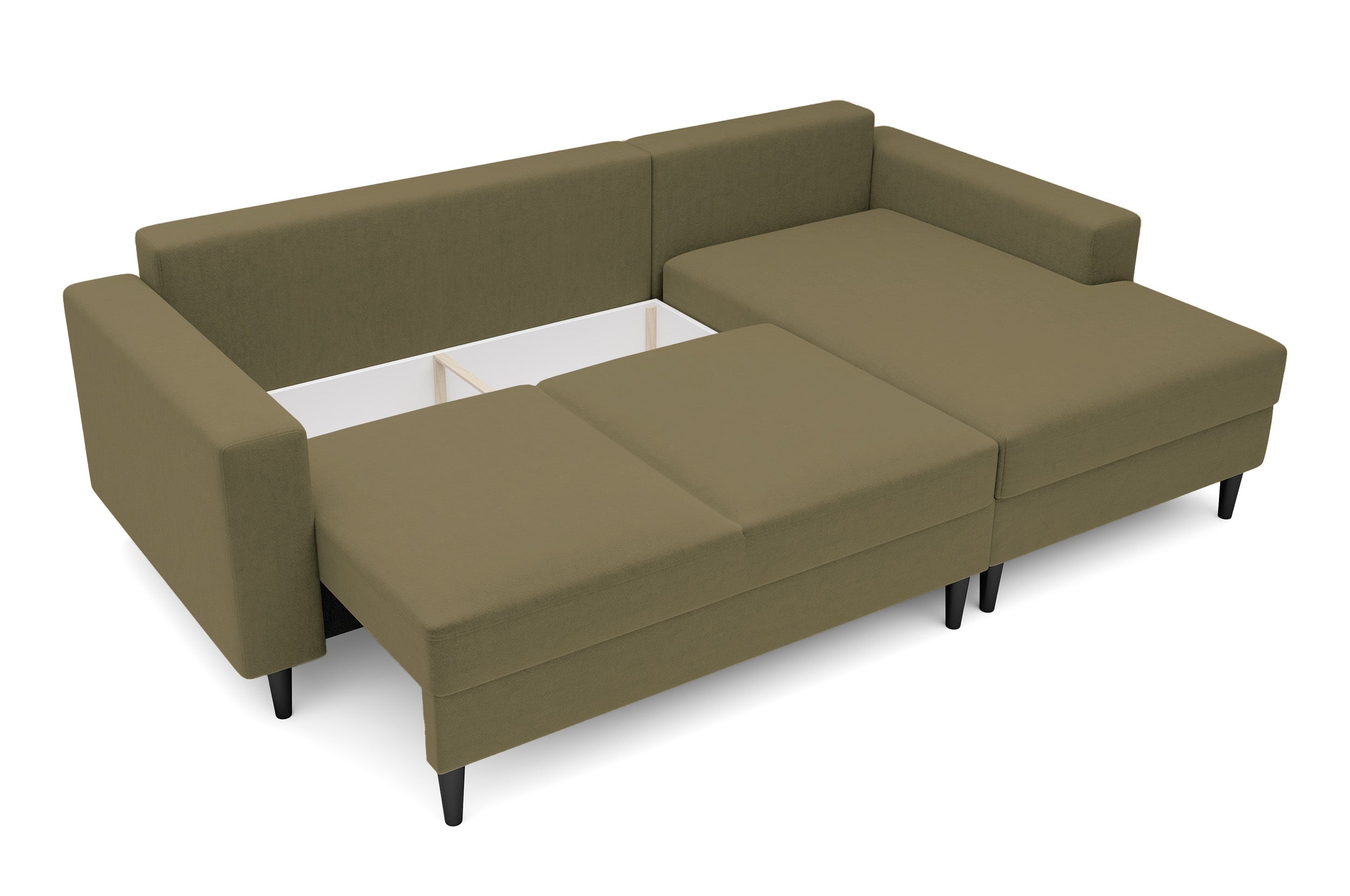 Ecksofa mit Schlafunktion Nalika, L-förmig, mit Stauraum, olivgrüner hydrophober Samt, rechtsseitig