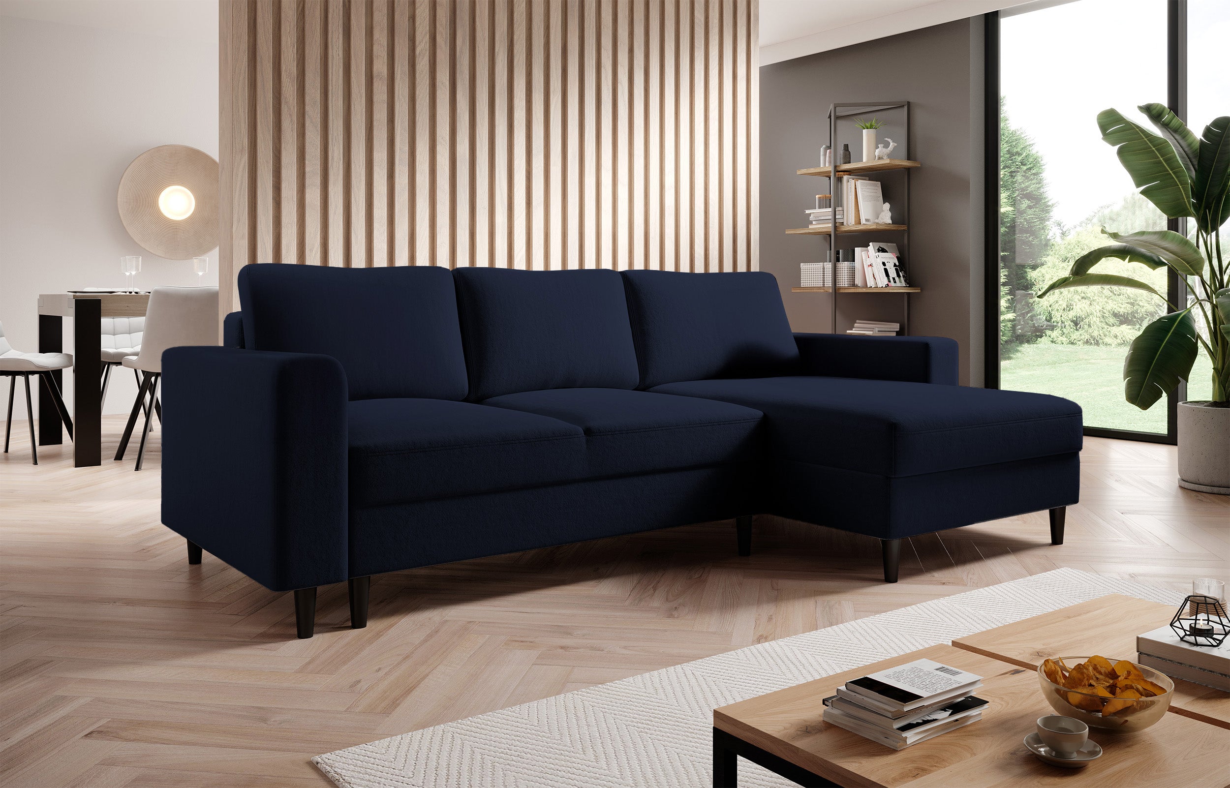 Ecksofa mit Schlaffunktion Nalika, L-förmig, mit Stauraum, marineblauer hydrophober Samt, rechtsseitig