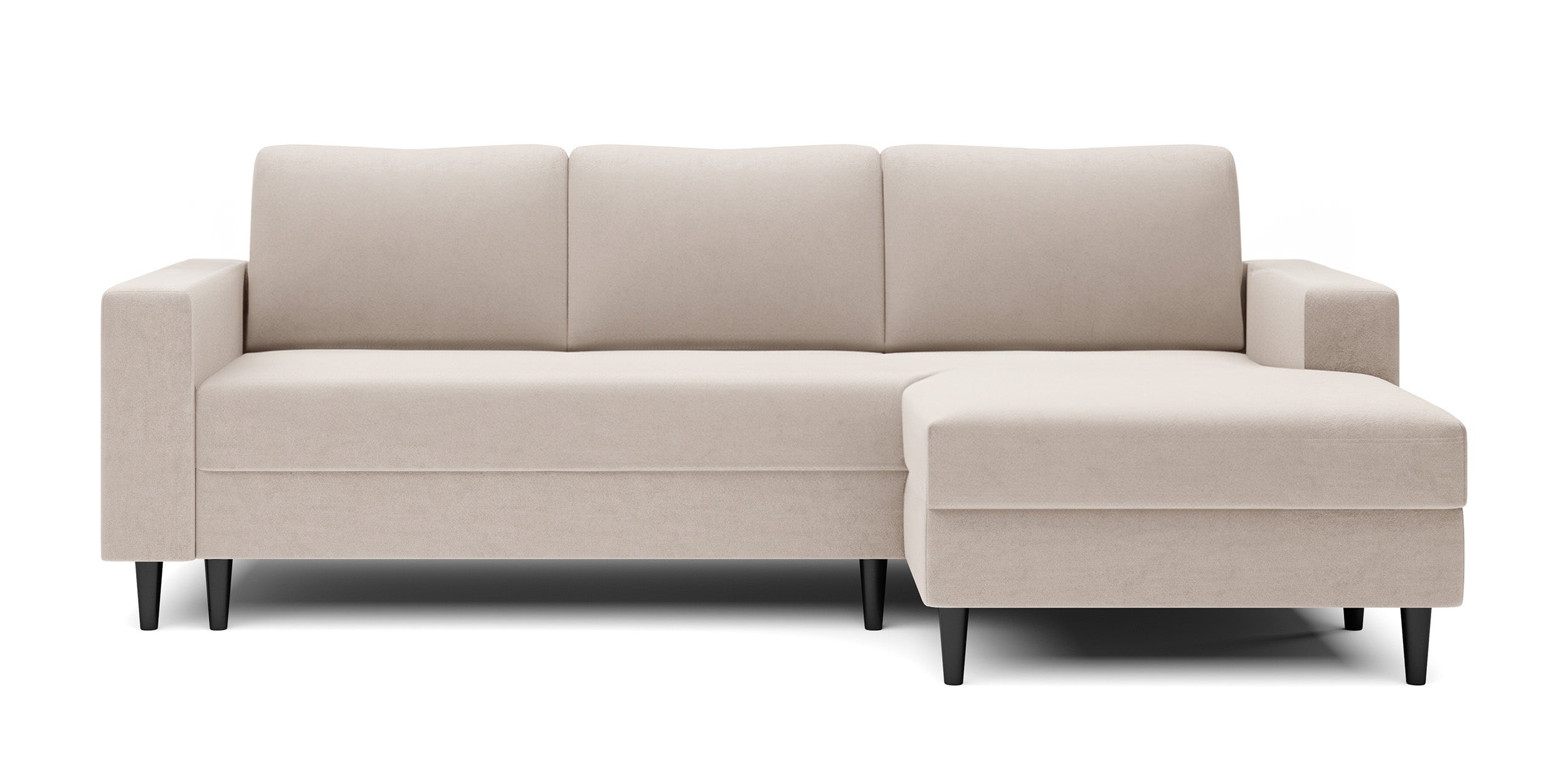 Ecksofa mit Schlaffunktion Nalika, L-förmig, mit Stauraum, cremefarbener wasserabweisender Samt, rechtsseitig