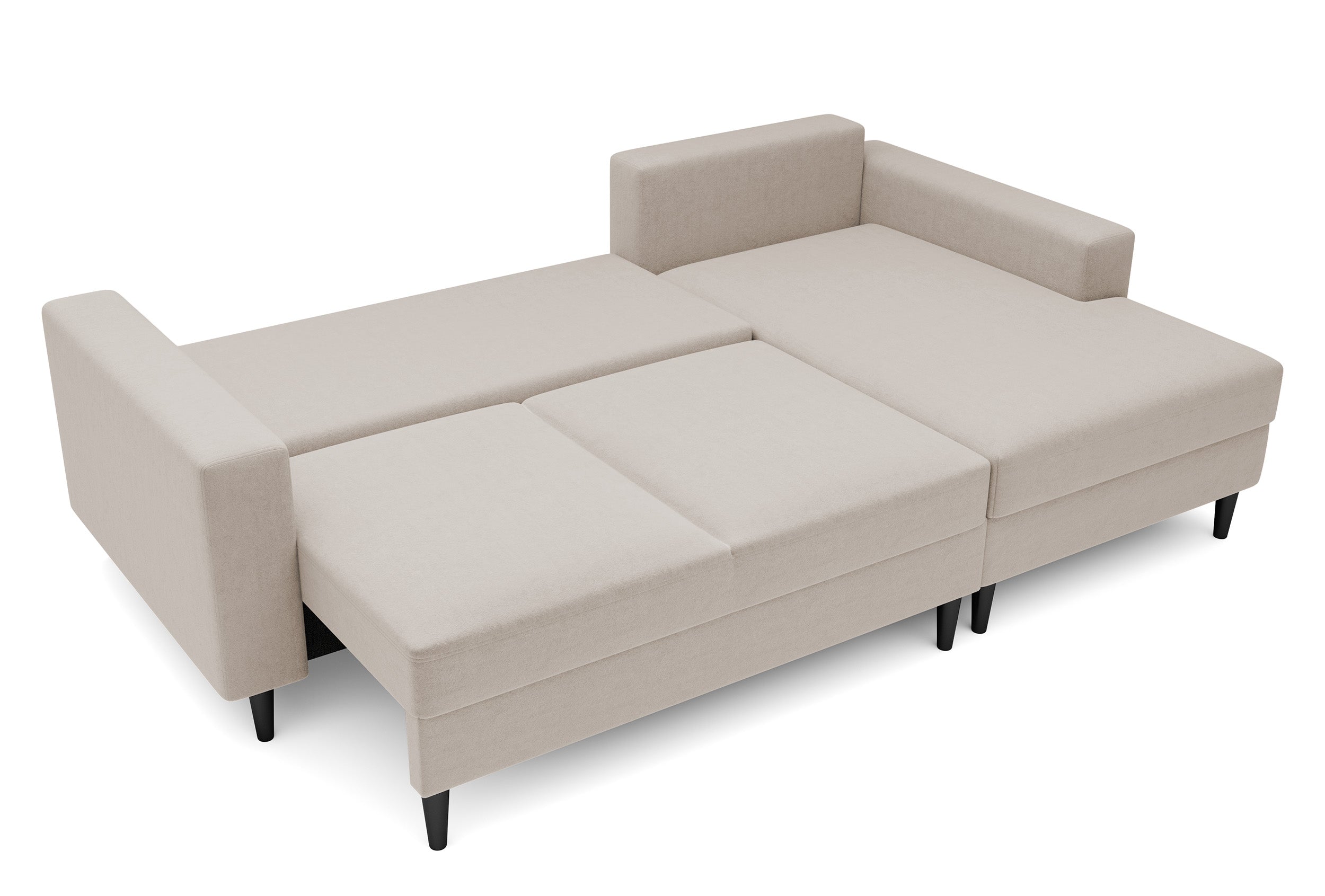 Ecksofa mit Schlaffunktion Nalika, L-förmig, mit Stauraum, beige Velours, wasserabweisend, rechtsseitig