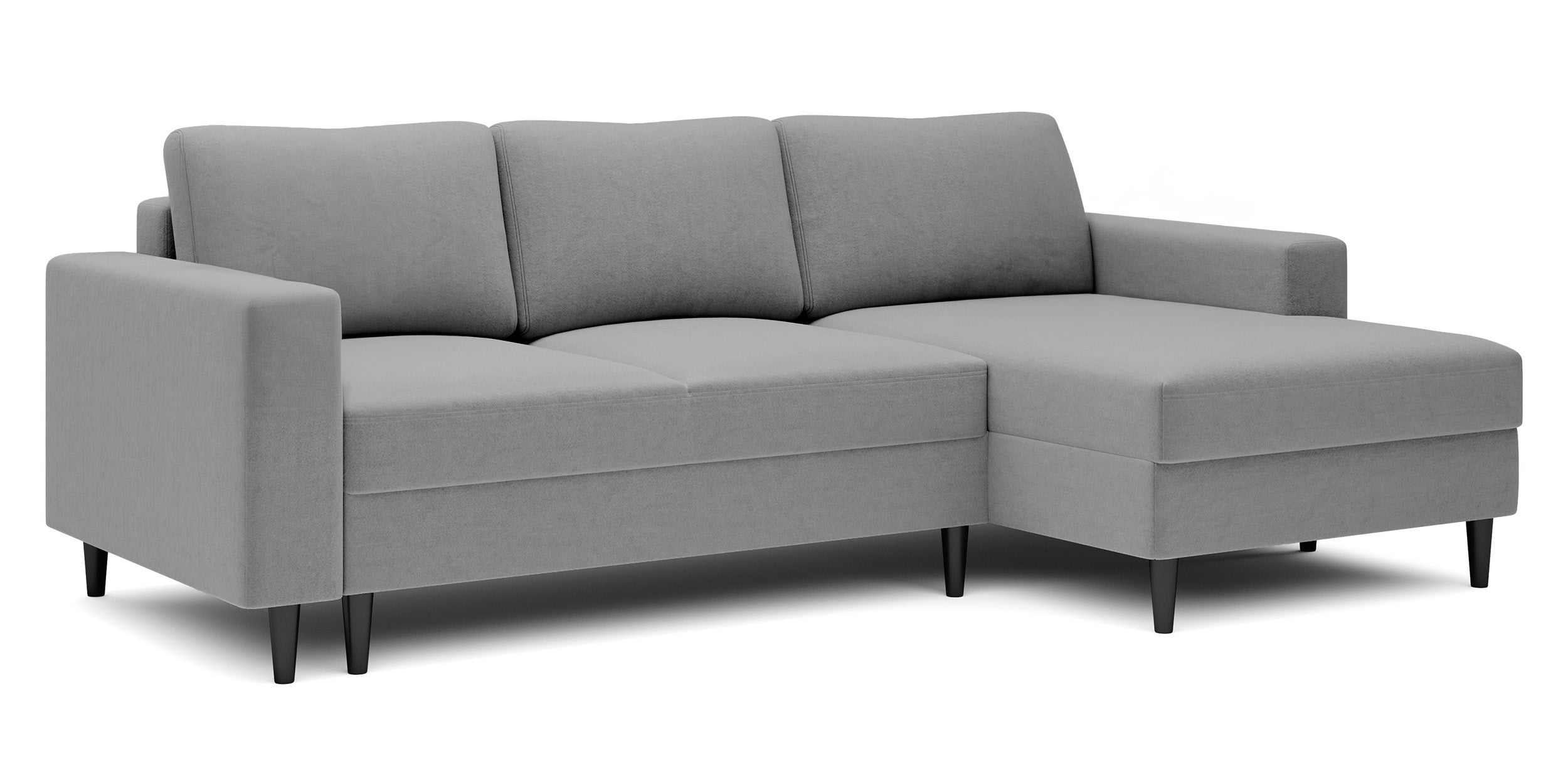 Ecksofa mit Schlaffunktion Nalika, L-förmig, mit Stauraum, grauer hydrophober Samt, rechtsseitig