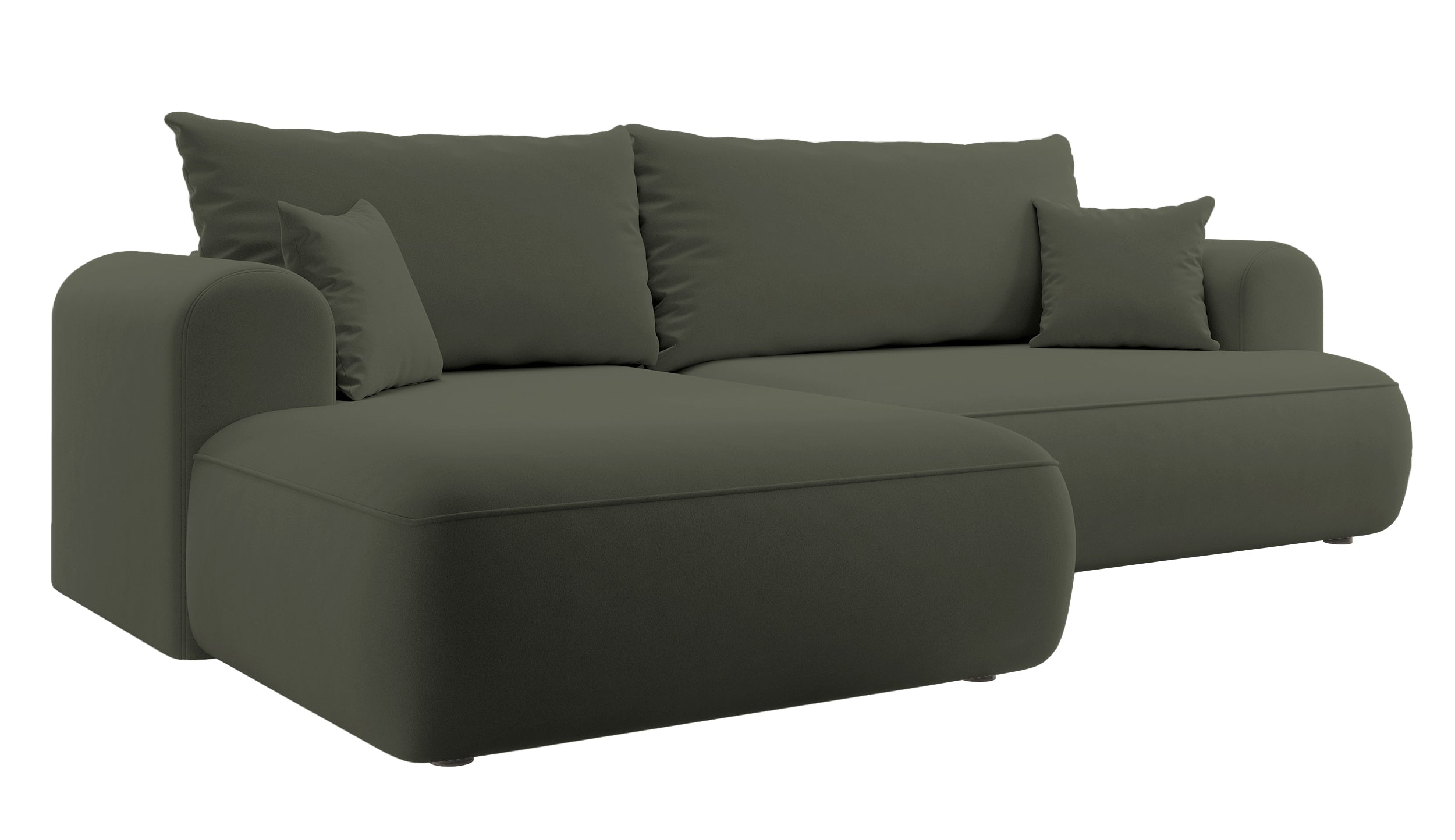 Ecksofa mit Schlaffunktion Ovo, L-förmig, olivgrüner Samt mit Stauraum, aus pflegeleichtem Stoff, linksseitig