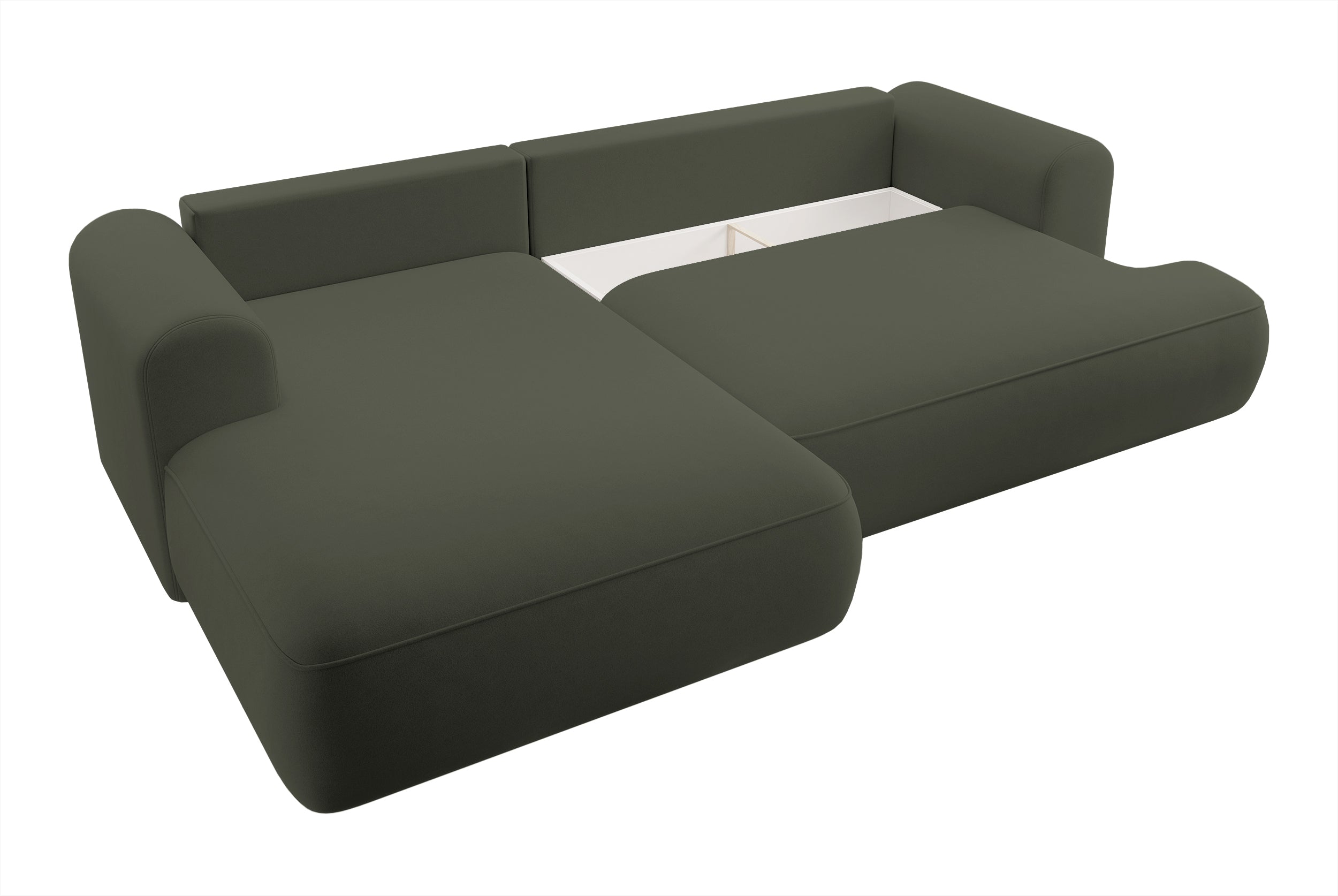 Ecksofa mit Schlaffunktion Ovo, L-förmig, olivgrüner Samt mit Stauraum, aus pflegeleichtem Stoff, linksseitig