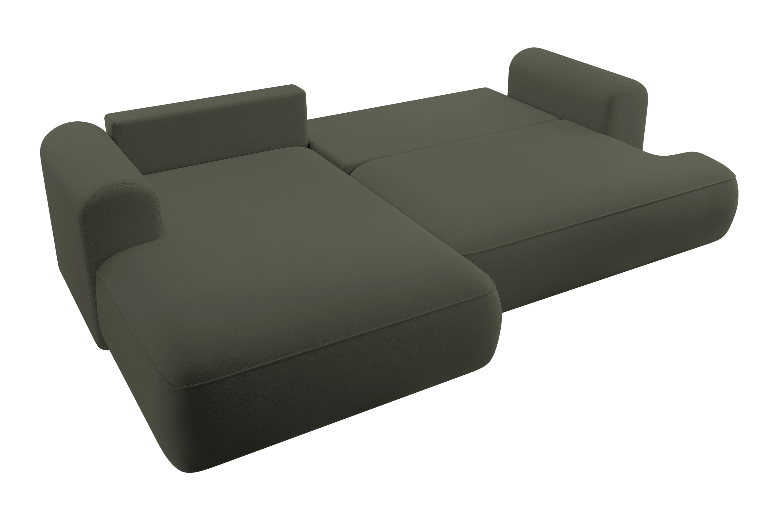Ecksofa mit Schlaffunktion Ovo, L-förmig, olivgrüner Samt mit Stauraum, aus pflegeleichtem Stoff, linksseitig