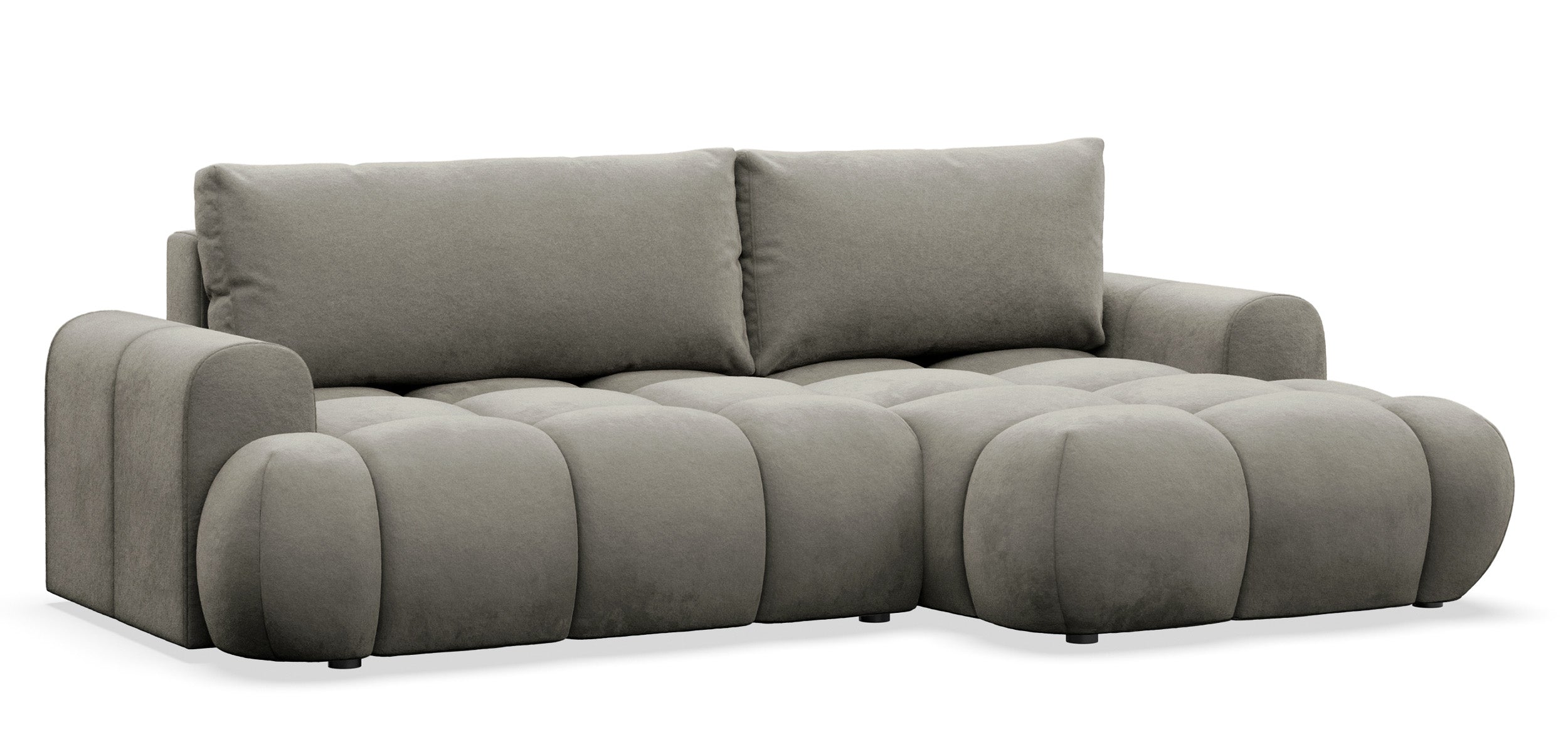 Ecksofa mit Schlaffunktion Ombo Mini, L-förmig, rechtsseitig, mit Stauraum, graubraunes Velours, wasserabweisend