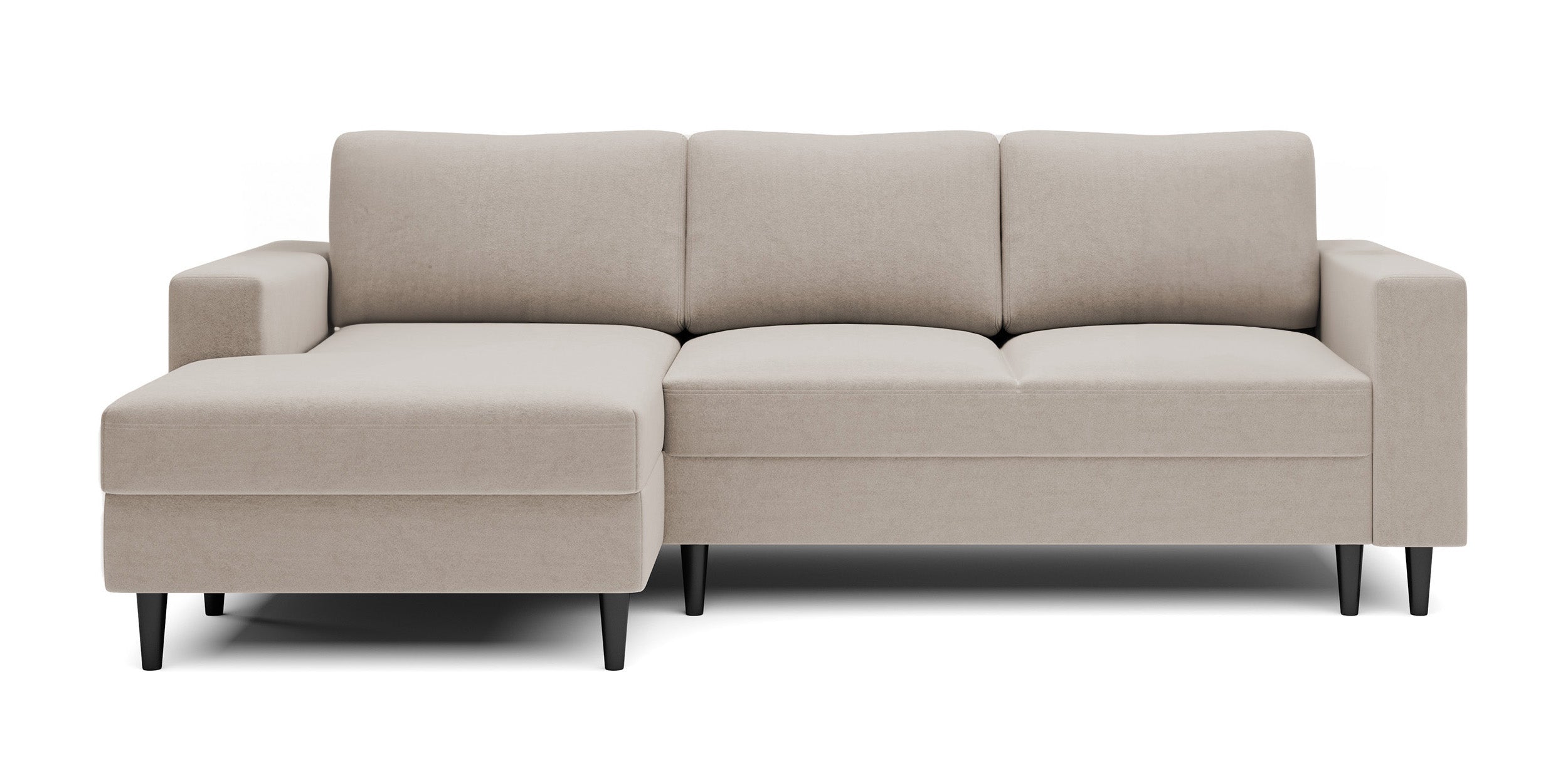 Ecksofa mit Schlafunktion Nalika, L-förmig, mit Stauraum, beige, hydrophober Samt, linksseitig
