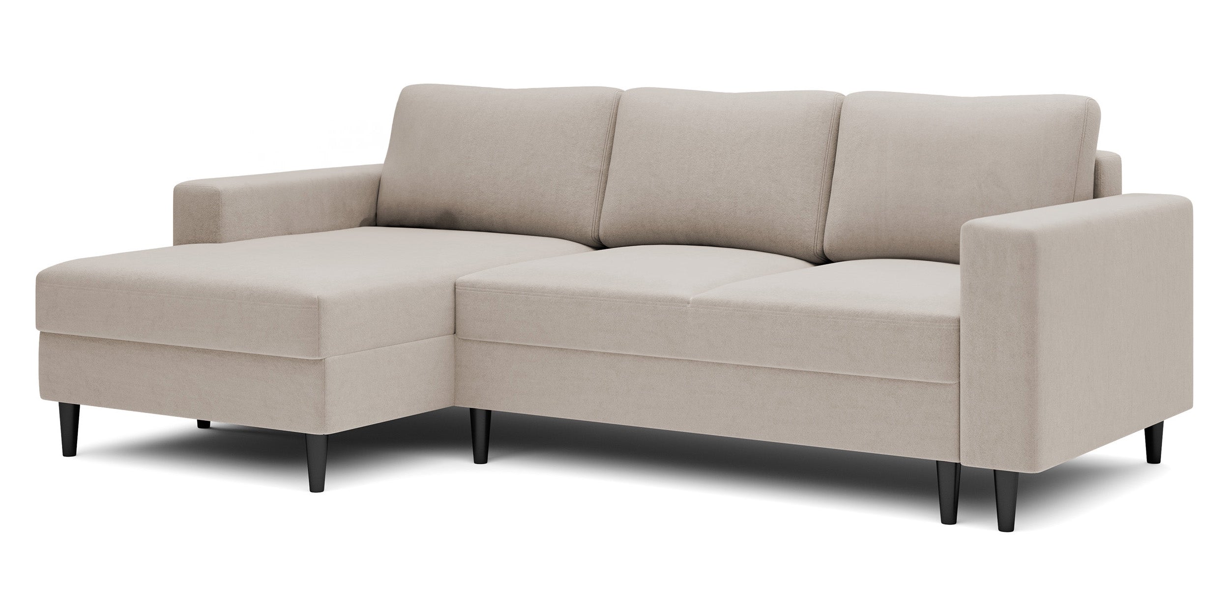Ecksofa mit Schlafunktion Nalika, L-förmig, mit Stauraum, beige, hydrophober Samt, linksseitig