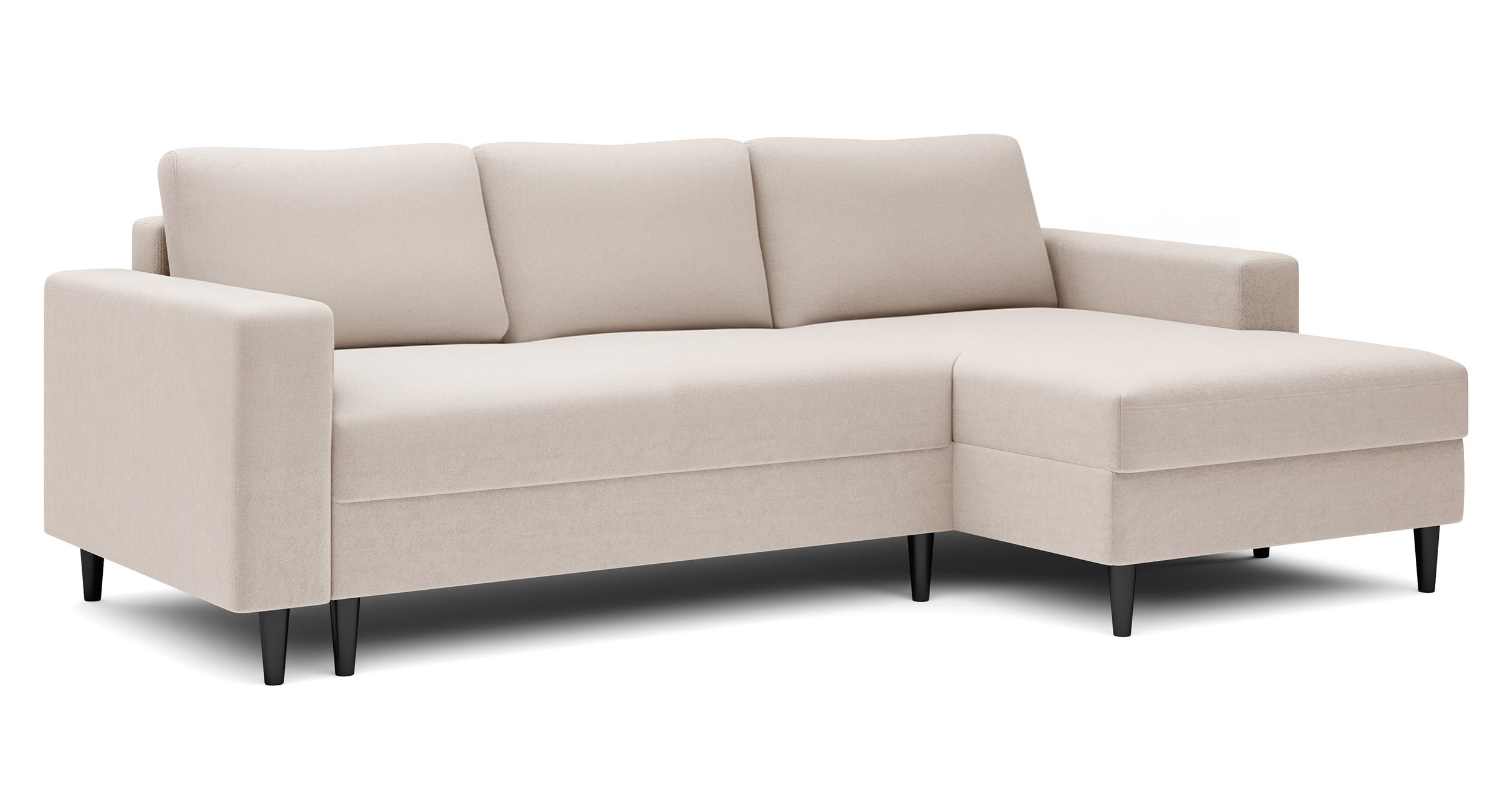 Ecksofa mit Schlaffunktion Nalika, L-förmig, mit Stauraum, cremefarbener wasserabweisender Samt, rechtsseitig