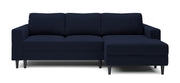 Ecksofa mit Schlaffunktion Nalika, L-förmig, mit Stauraum, marineblauer hydrophober Samt, rechtsseitig
