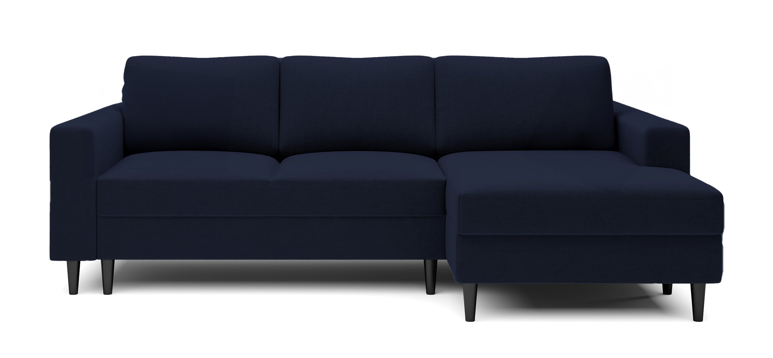 Ecksofa mit Schlaffunktion Nalika, L-förmig, mit Stauraum, marineblauer hydrophober Samt, rechtsseitig