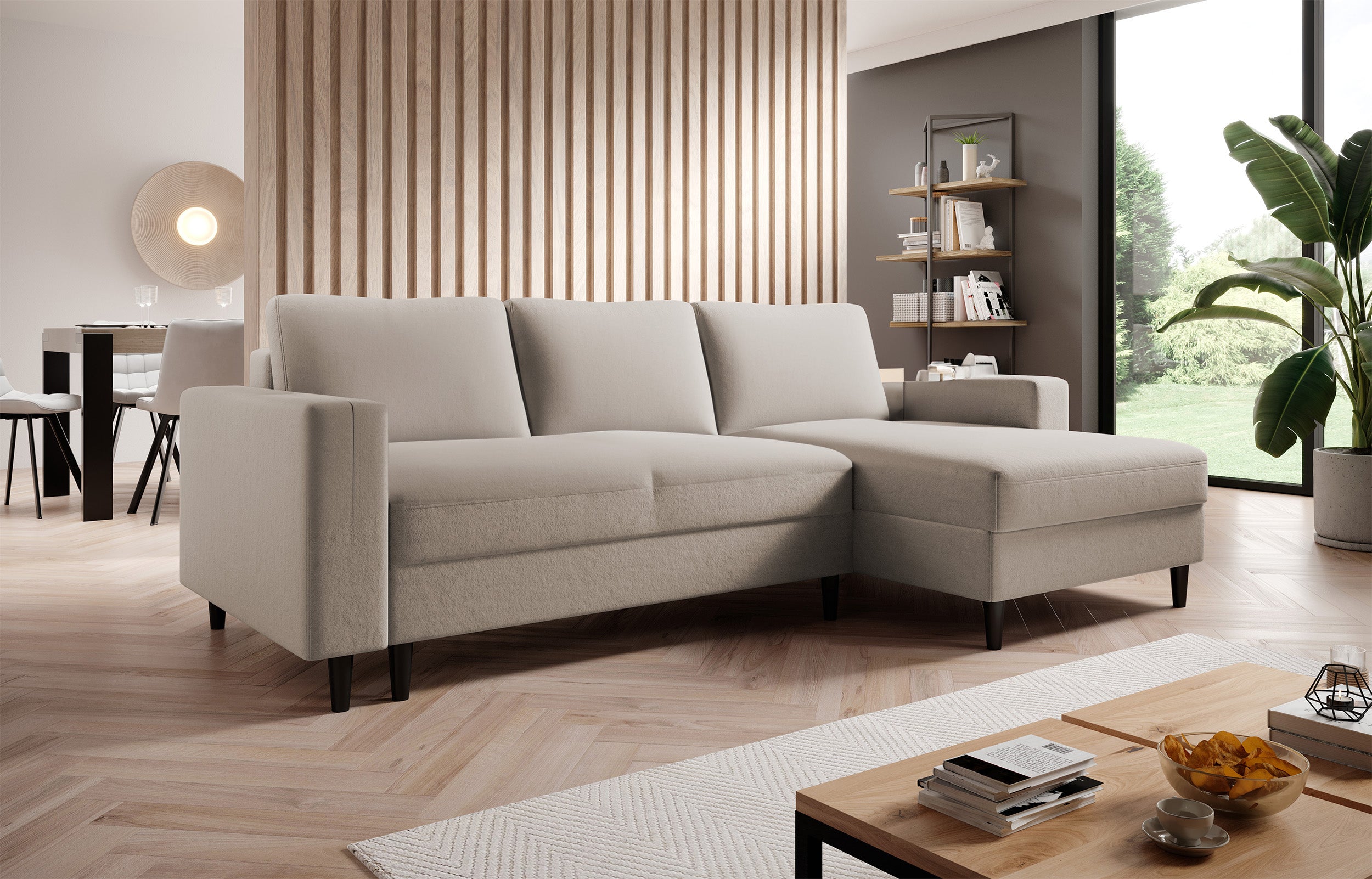 Ecksofa mit Schlaffunktion Nalika, L-förmig, mit Stauraum, beige Velours, wasserabweisend, rechtsseitig