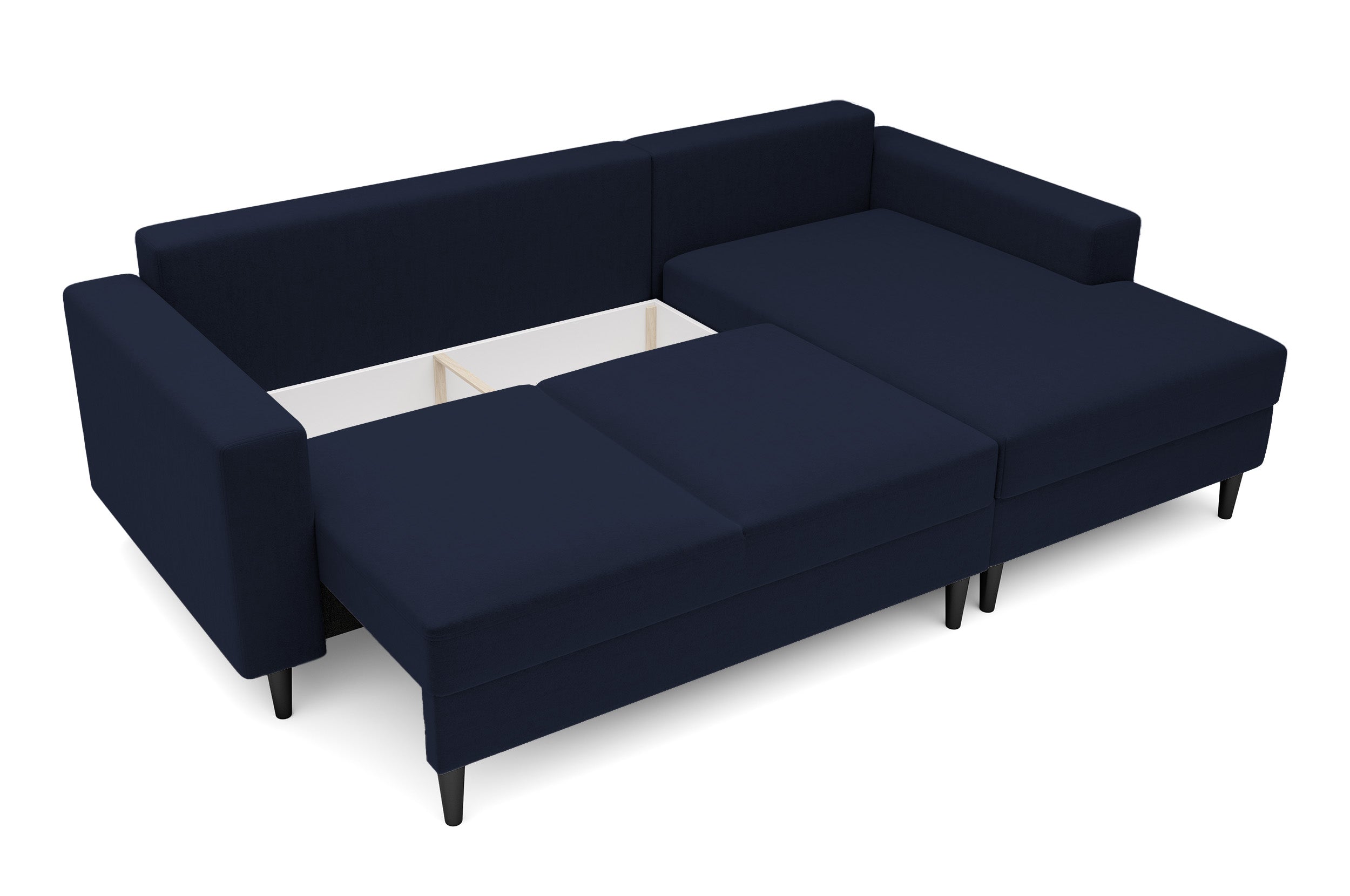 Ecksofa mit Schlaffunktion Nalika, L-förmig, mit Stauraum, marineblauer hydrophober Samt, rechtsseitig