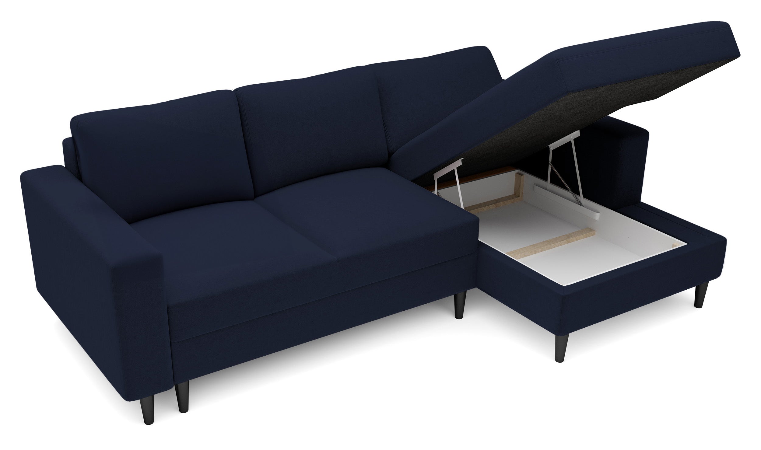Ecksofa mit Schlaffunktion Nalika, L-förmig, mit Stauraum, marineblauer hydrophober Samt, rechtsseitig