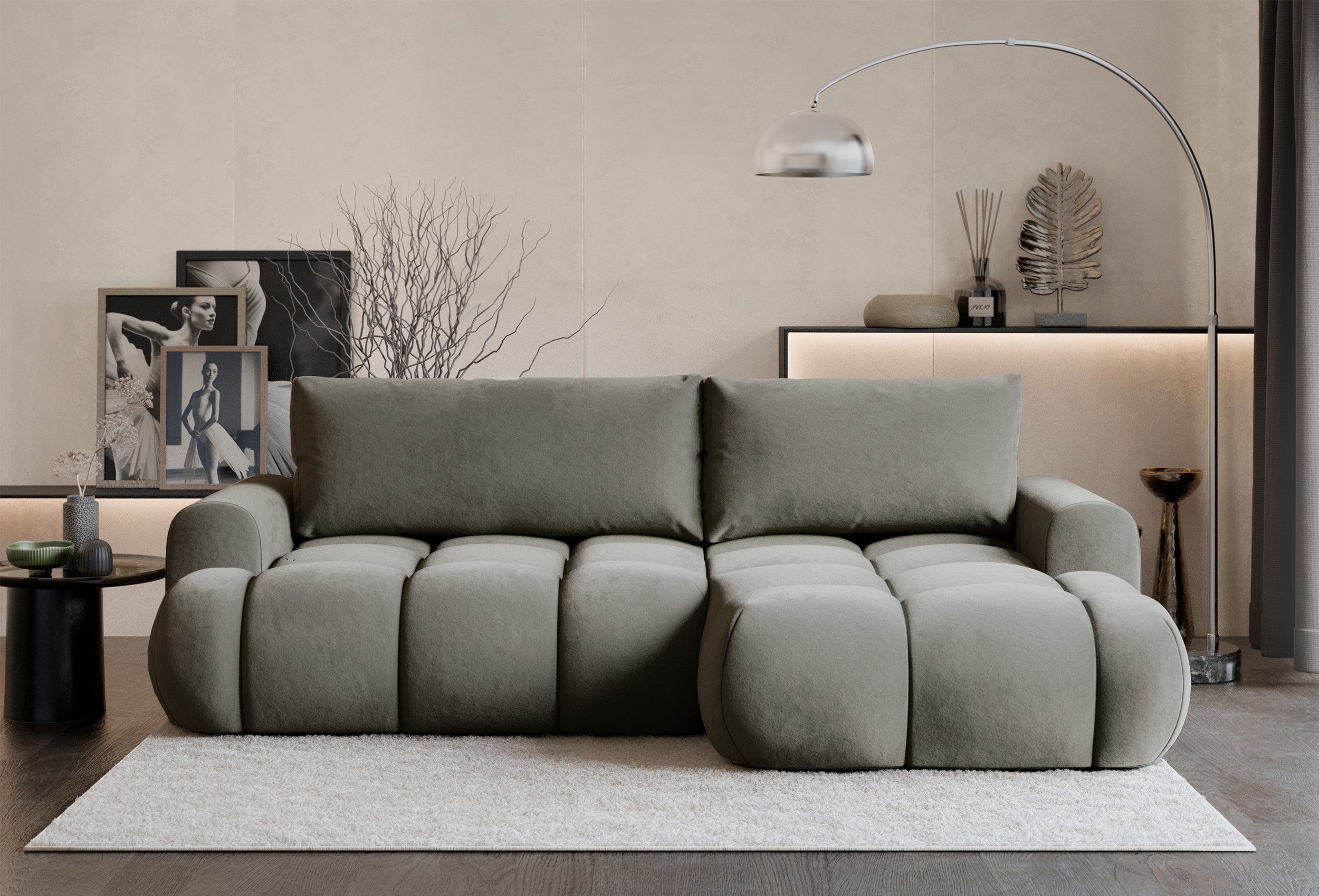 Ecksofa mit Schlaffunktion Ombo Mini, L-förmig, rechtsseitig, mit Stauraum, graubraunes Velours, wasserabweisend