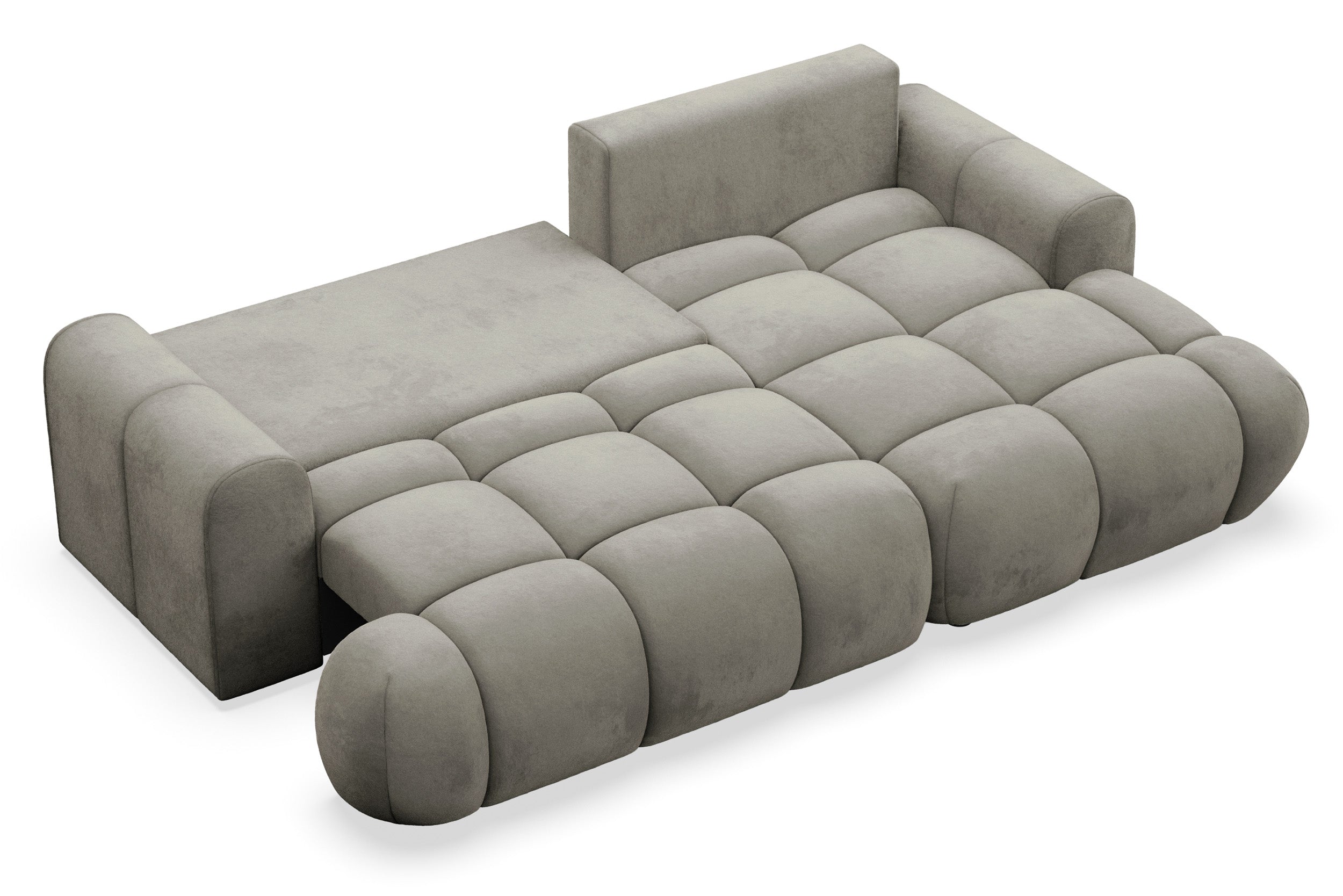 Ecksofa mit Schlaffunktion Ombo Mini, L-förmig, rechtsseitig, mit Stauraum, graubraunes Velours, wasserabweisend