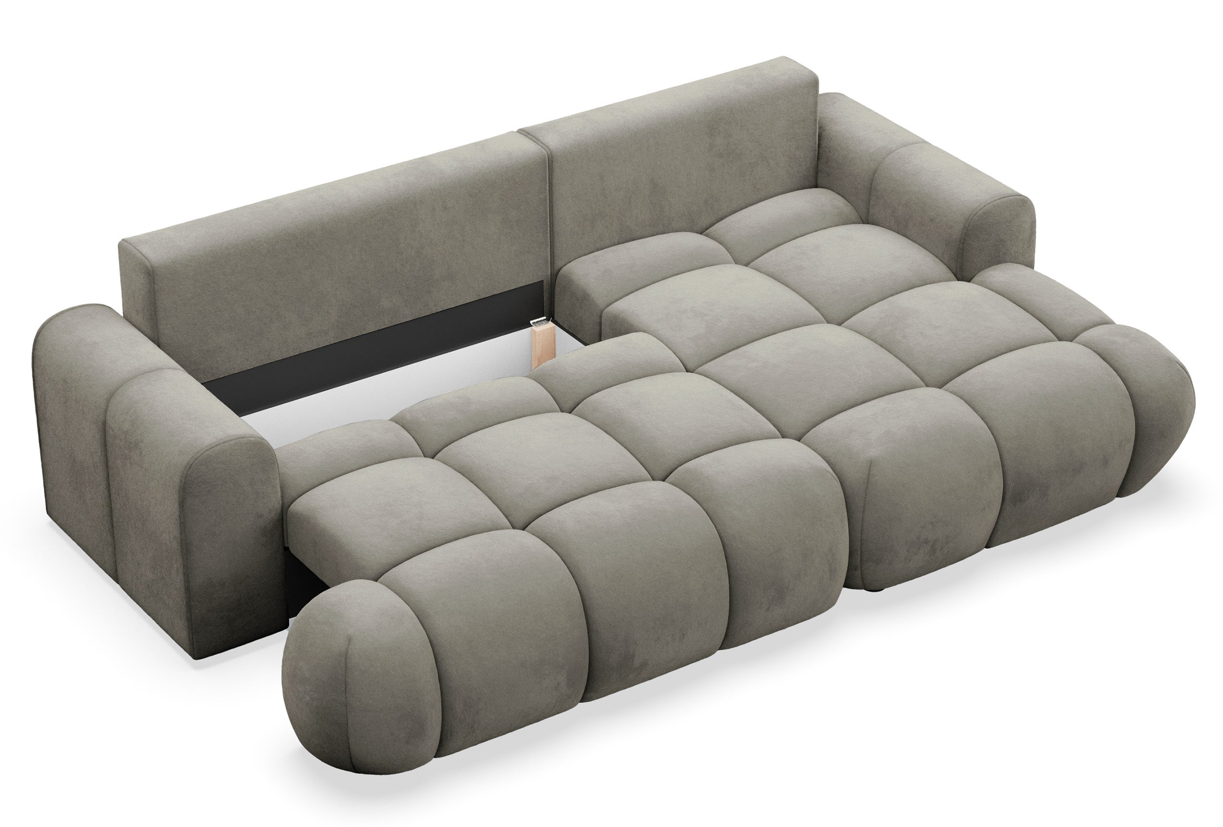 Ecksofa mit Schlaffunktion Ombo Mini, L-förmig, rechtsseitig, mit Stauraum, graubraunes Velours, wasserabweisend