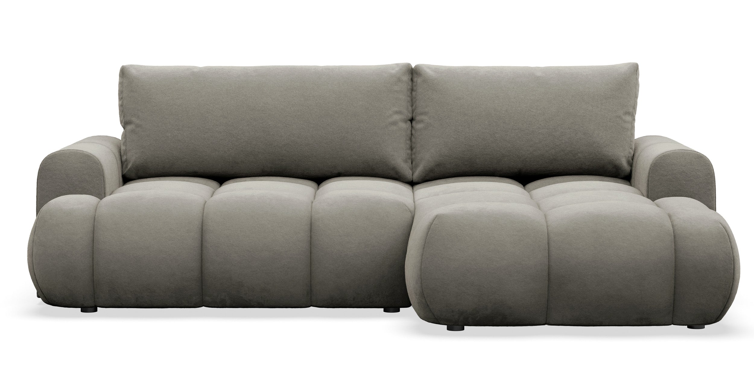 Ecksofa mit Schlaffunktion Ombo Mini, L-förmig, rechtsseitig, mit Stauraum, graubraunes Velours, wasserabweisend