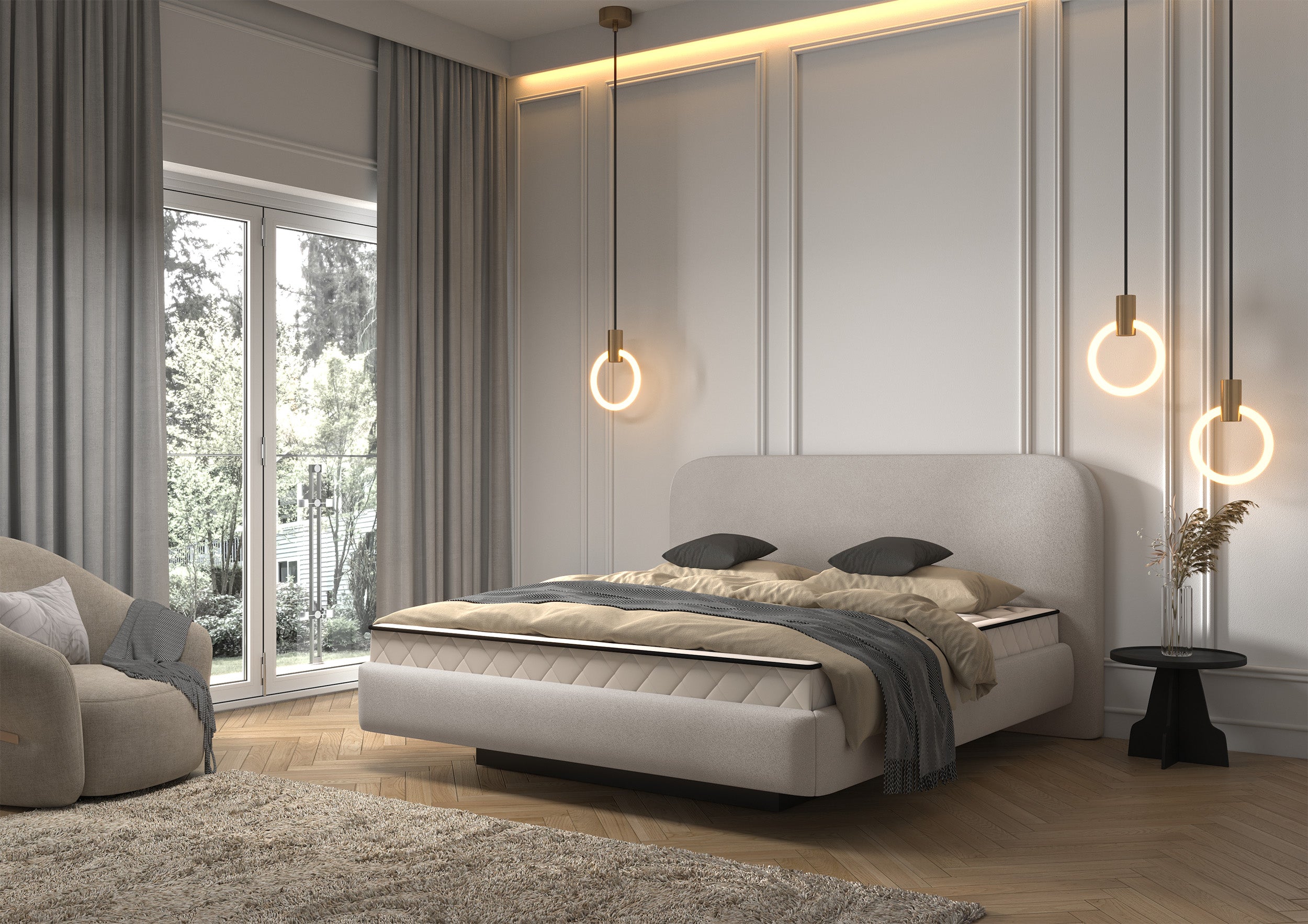 Gepolstertes Bett 160x200 cm Nellado mit Stauraum und Matratze in grau-beigem Chenillestoff